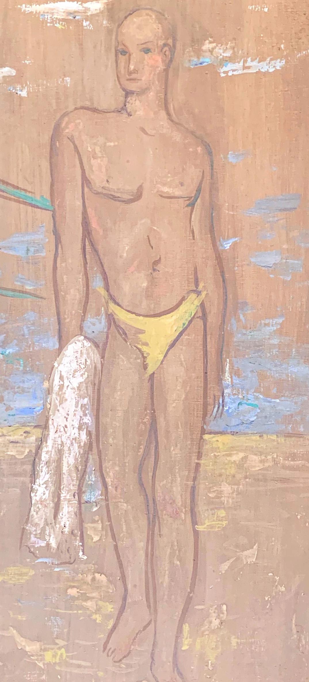 This pale, almost ghostly painting by John Winters depicts a tall, lithe young man with a yellow swimsuit and towel on the beach along Lake Michigan in Chicago, with two other figures under a sheltering canopy to one side. The figure and the setting