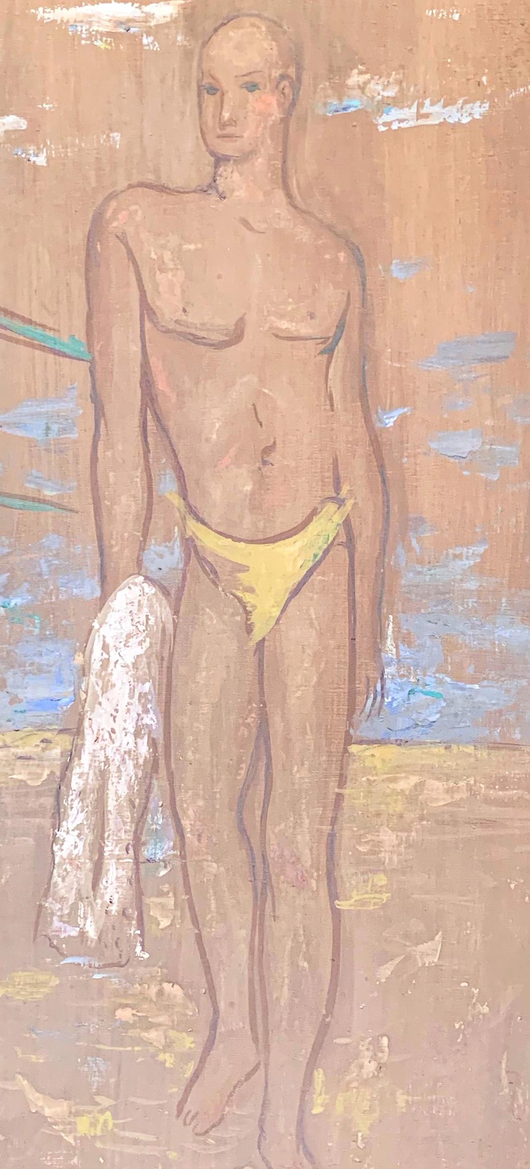 Dieses blasse, fast gespenstische Gemälde von John Winters zeigt einen hochgewachsenen, geschmeidigen jungen Mann mit gelbem Badeanzug und Handtuch am Strand des Michigansees in Chicago, daneben zwei weitere Figuren unter einem schützenden Vordach.