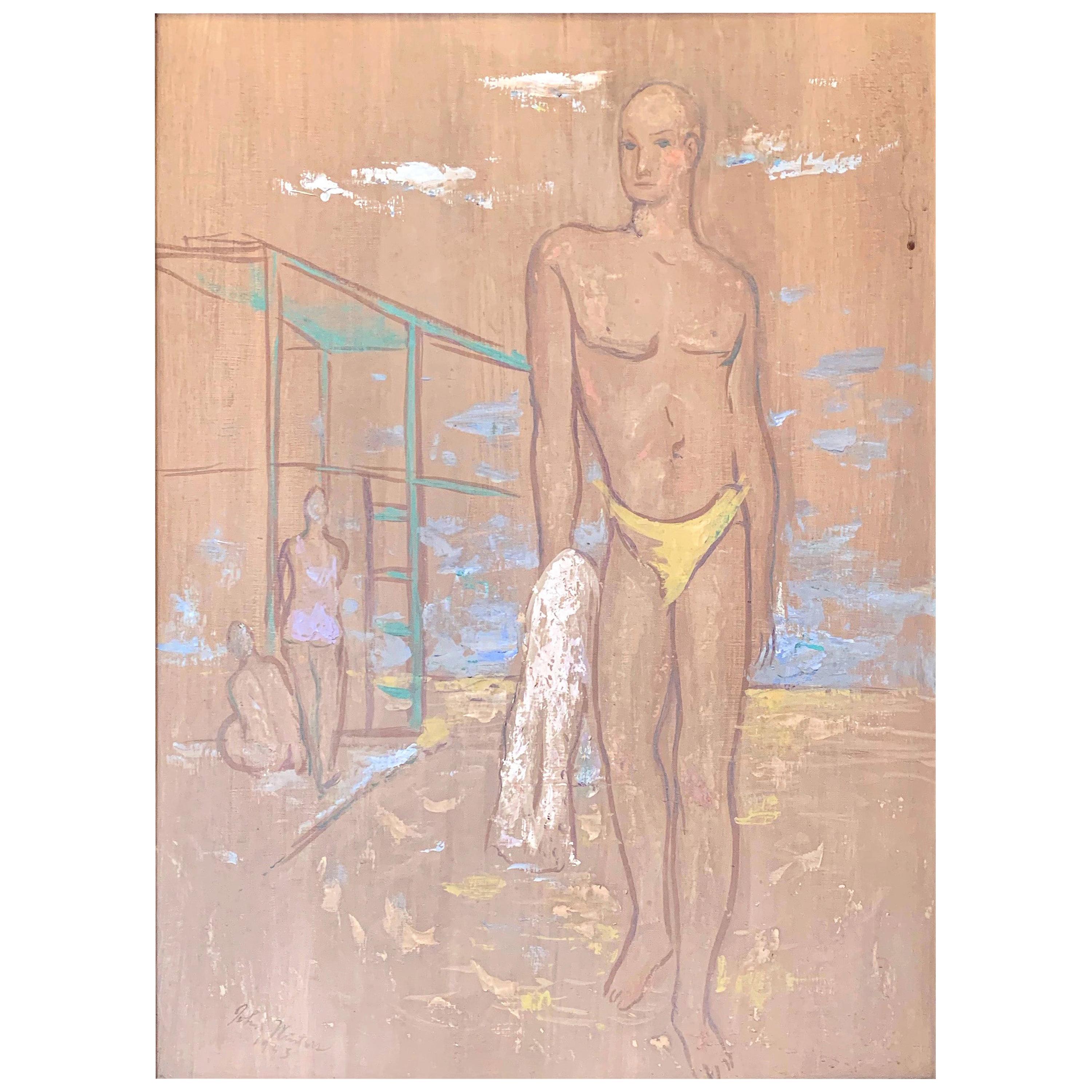 "Yellow Swimsuit, " Ghostly Casein Painting of a Man at the Beach, in 1943 For Sale
