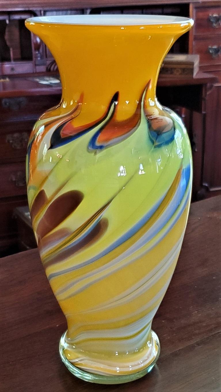 Hand-Crafted Yellow Swirled Murano Glass Vase, MCM