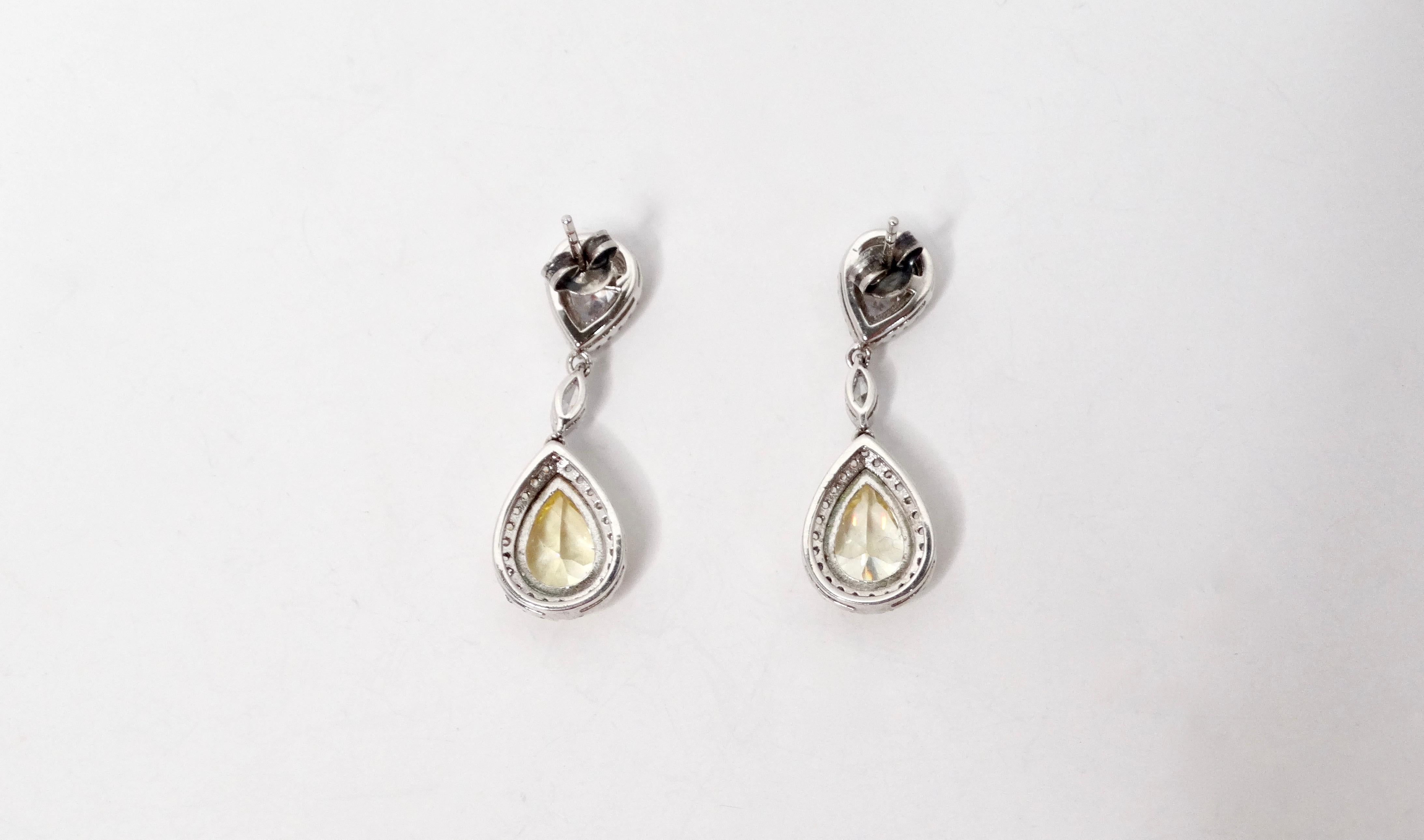 Yellow Synthetic Diamonds & Sterling Silver Tear Drop Earrings In Good Condition For Sale In Scottsdale, AZ
