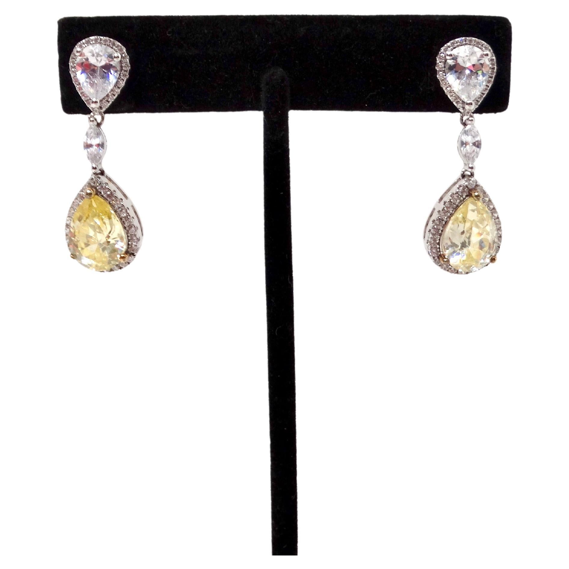 Yellow Synthetic Diamonds & Sterling Silver Tear Drop Earrings For Sale