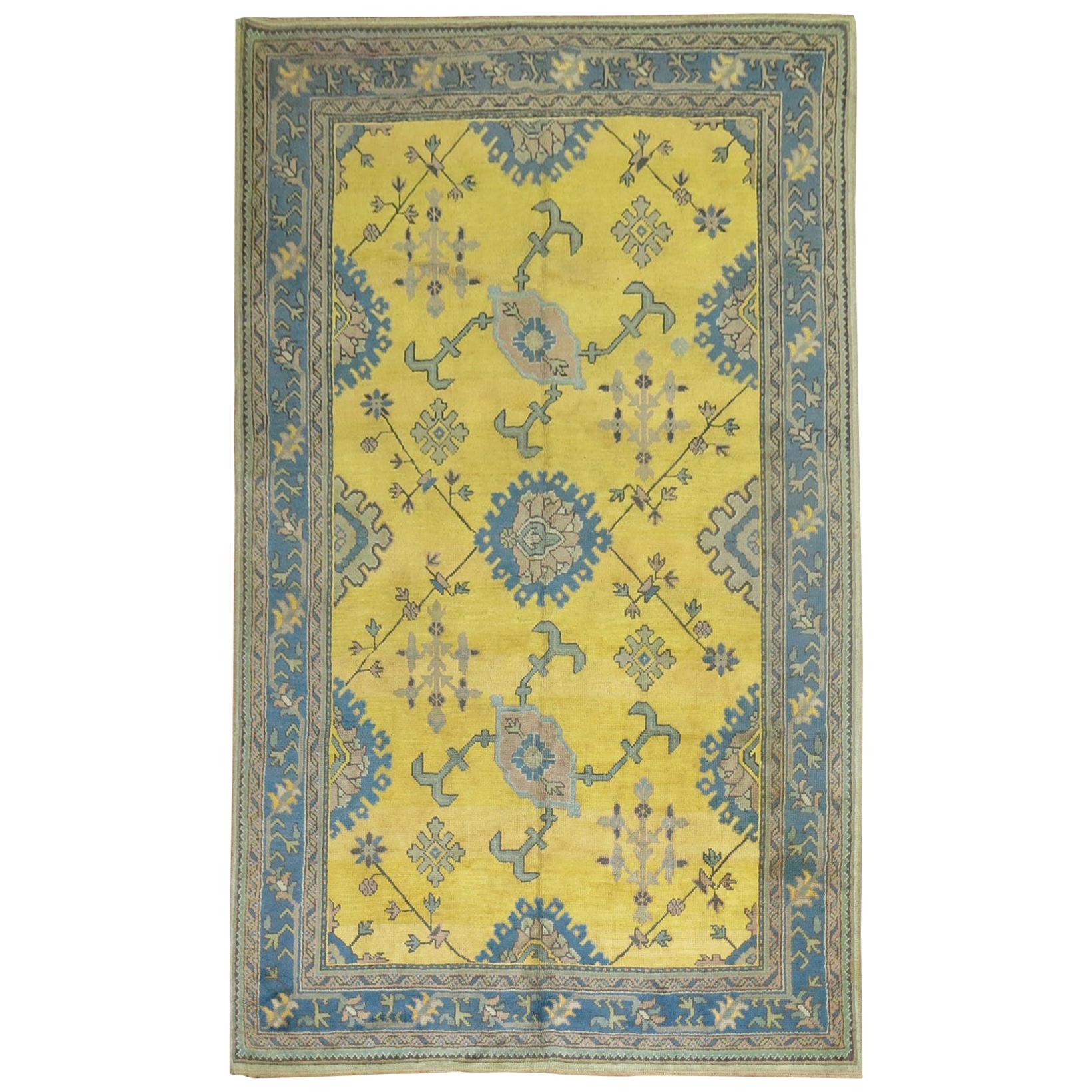 Yellow Teal Antique Turkish Oushak For Sale