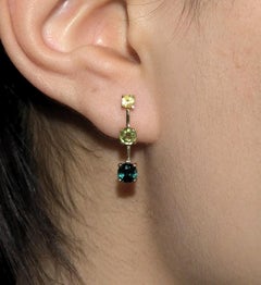 Boucles d'oreilles pendantes en or 9 carats avec trois pierres de couleur jaune, bleu sarcelle et vert, effet dégradé, saphir 2 carats