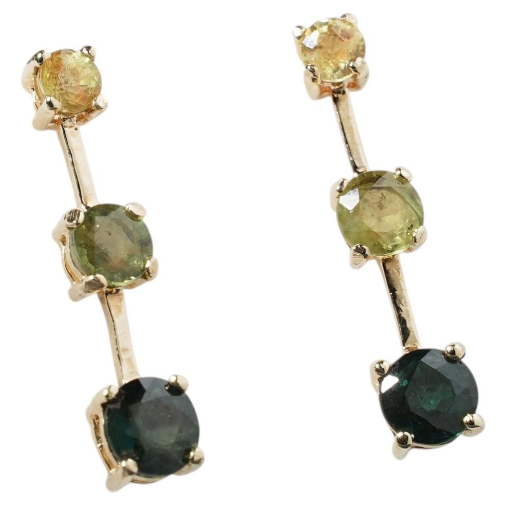 Yellow Teal Green Parti Sapphire 2ct Gradual Three Stone 9k Gold Drop Earrings For Sale