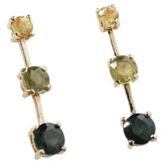 Boucles d'oreilles pendantes en or 9 carats avec trois pierres de couleur jaune, bleu sarcelle et vert, effet dégradé, saphir 2 carats