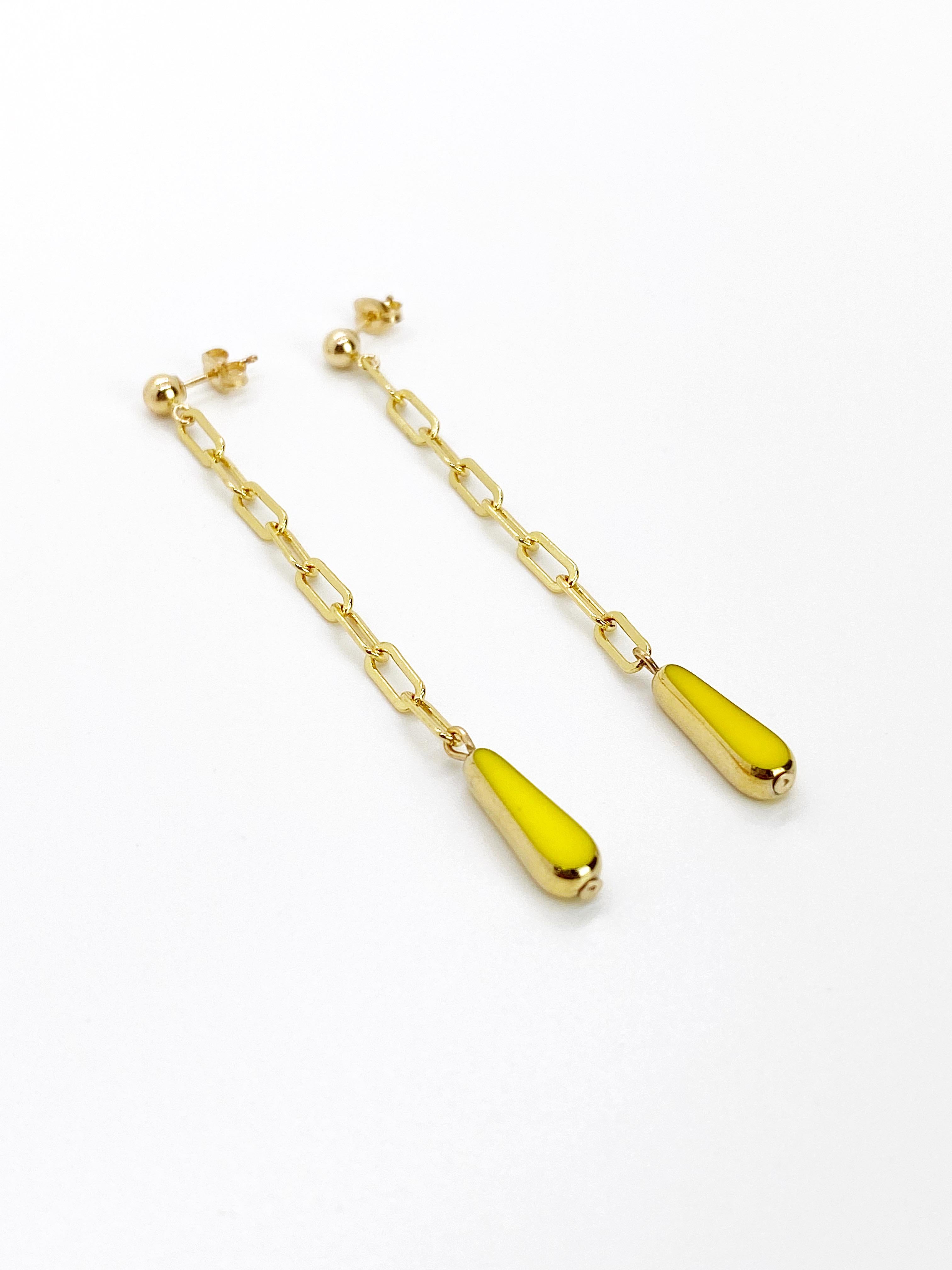 Retro Yellow Teardrop Vintage German Glass Beads on Gold filled Chain For Sale