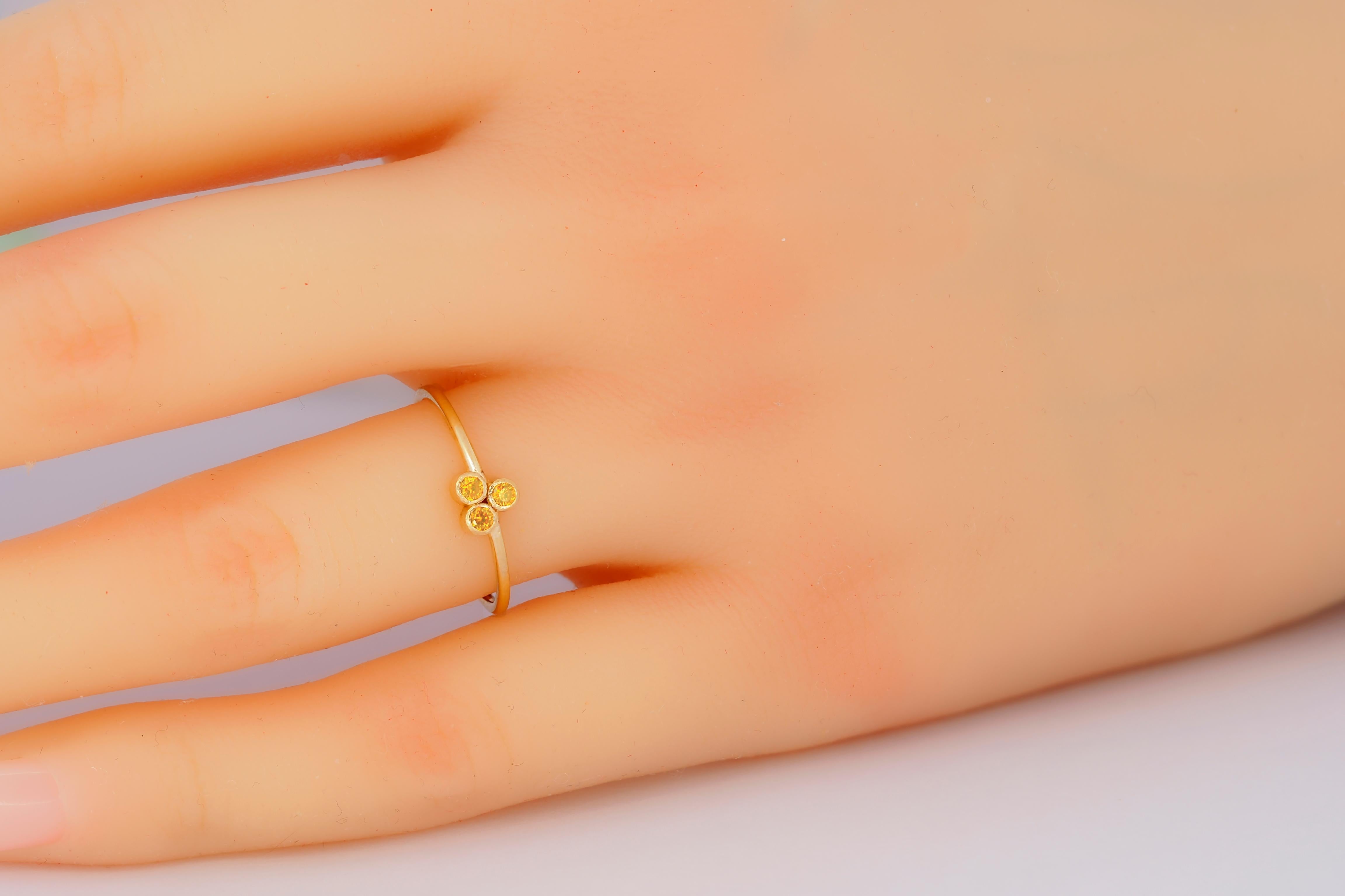 Modern Yellow Three Stone 14k gold ring. For Sale