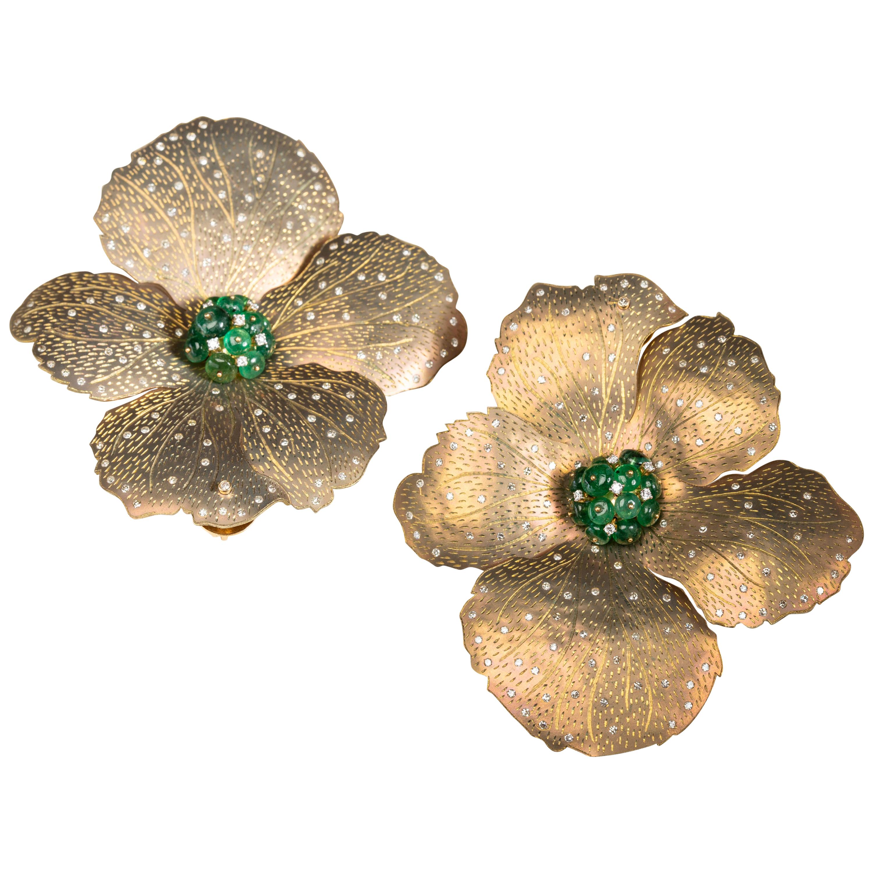 Yellow Titanium Hibiscus Flower Earrings with Diamonds and Emeralds For Sale