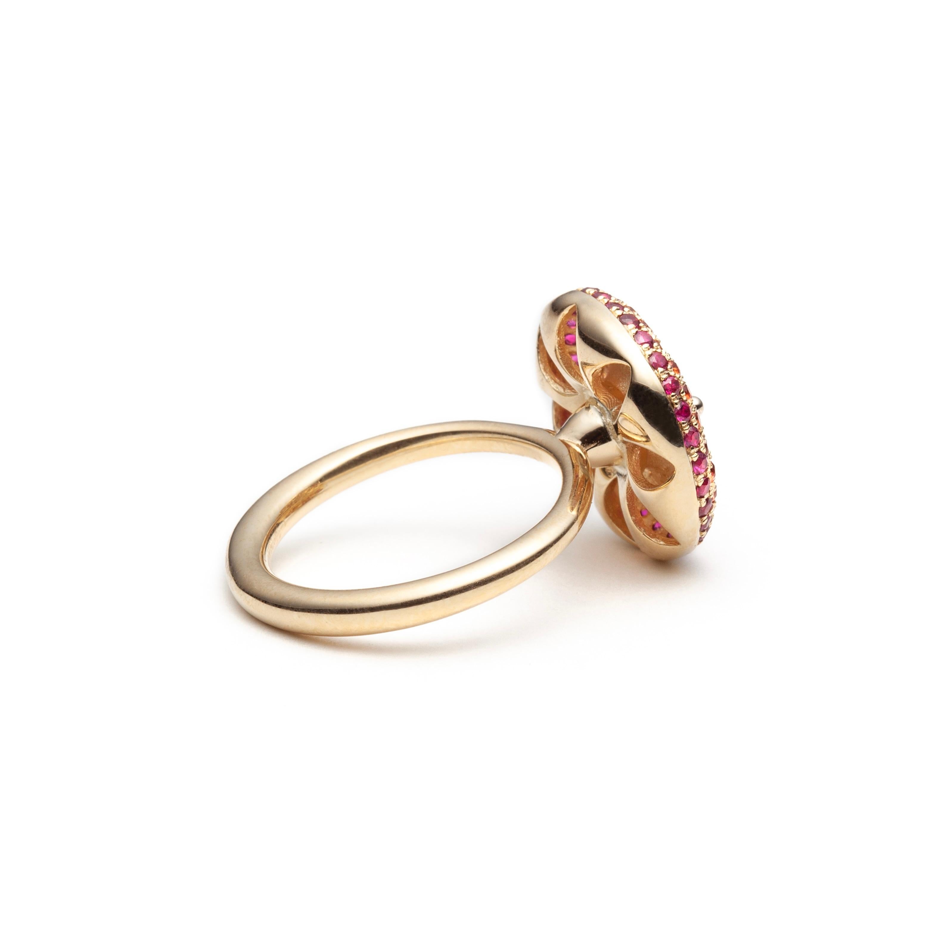 Yellow to Pink Sapphire Pavé Ring in 18K Yellow + White Gold by SERAFINO

This sapphire pavé ring in 18k yellow features a doughnut shaped top paved with color graded sapphires starting with ruby-red on the outside edge and passing through shades of