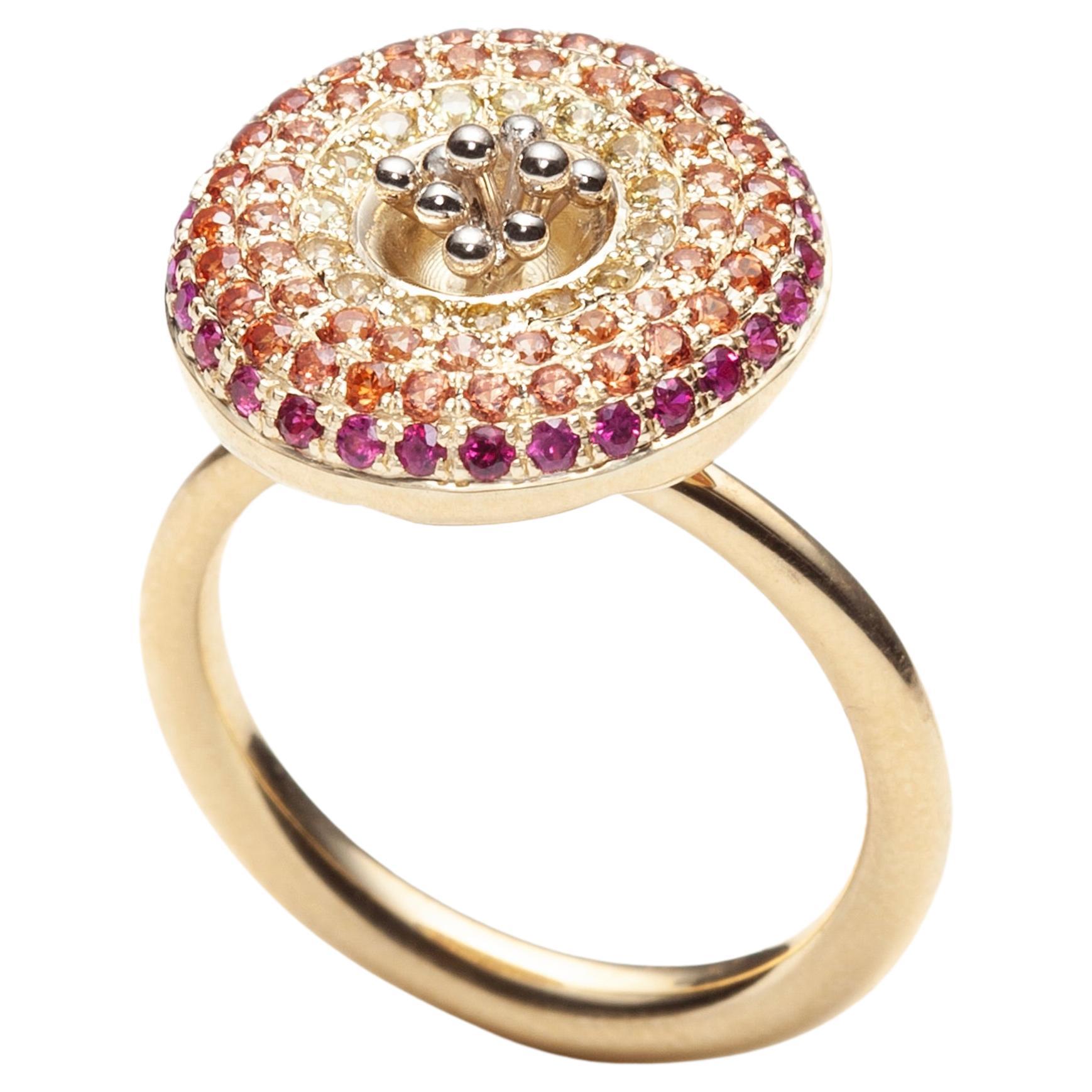 Yellow to Pink Sapphire Pavé Ring in 18k Yellow + White Gold For Sale