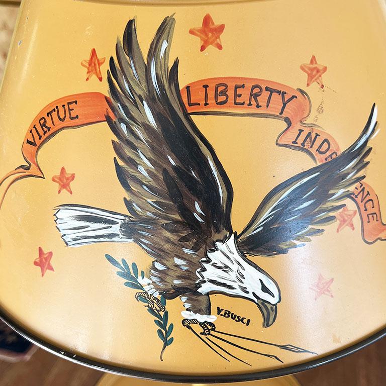 American Classical Yellow Tole American Eagle Round Side Table with Lamp and Shade Signed V. Busci For Sale