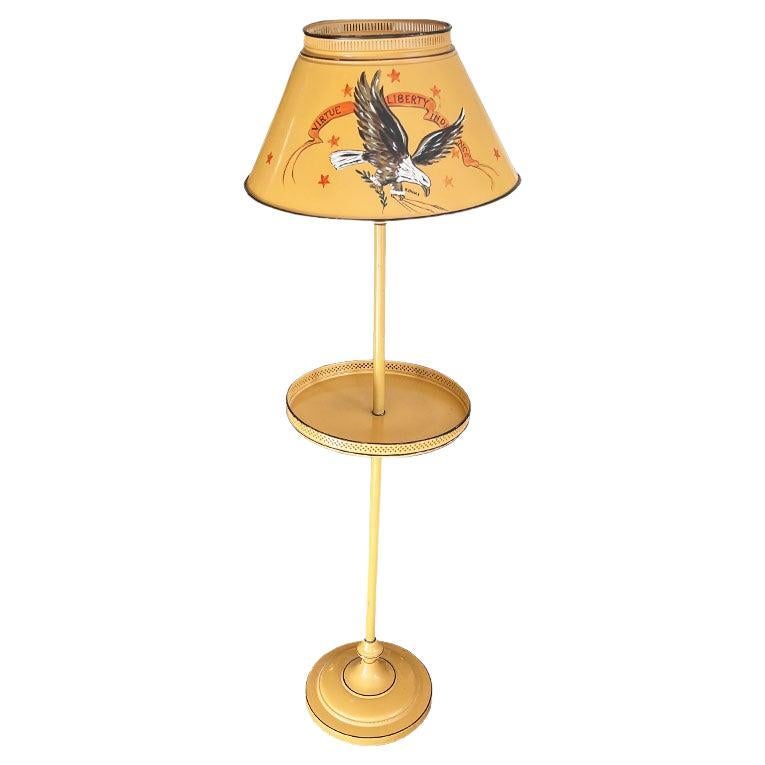 Yellow Tole American Eagle Round Side Table with Lamp and Shade Signed V. Busci For Sale