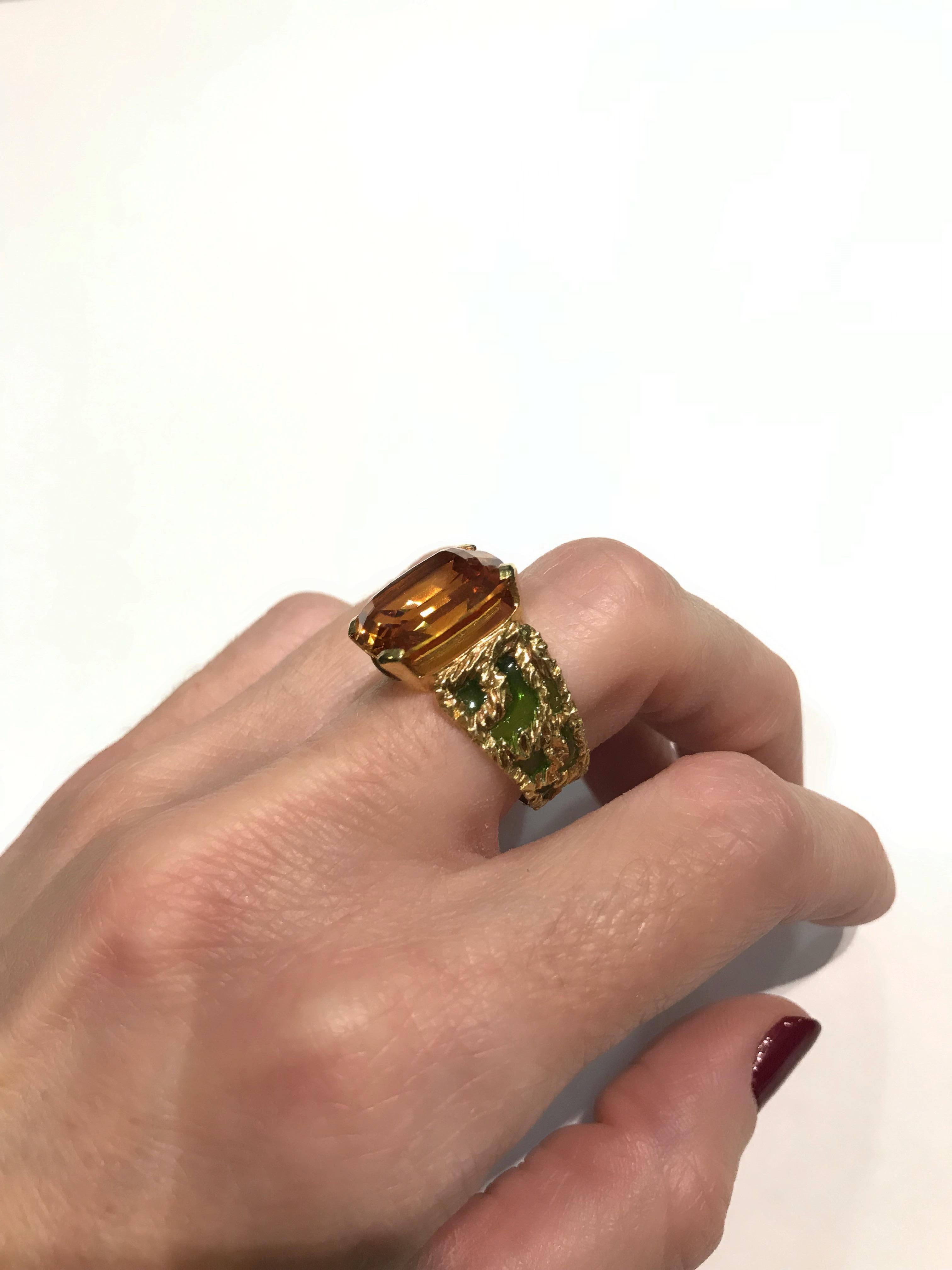 Women's or Men's One of a Kind Yellow Topaz and Plique a Jour Enamel Yellow Gold Ring