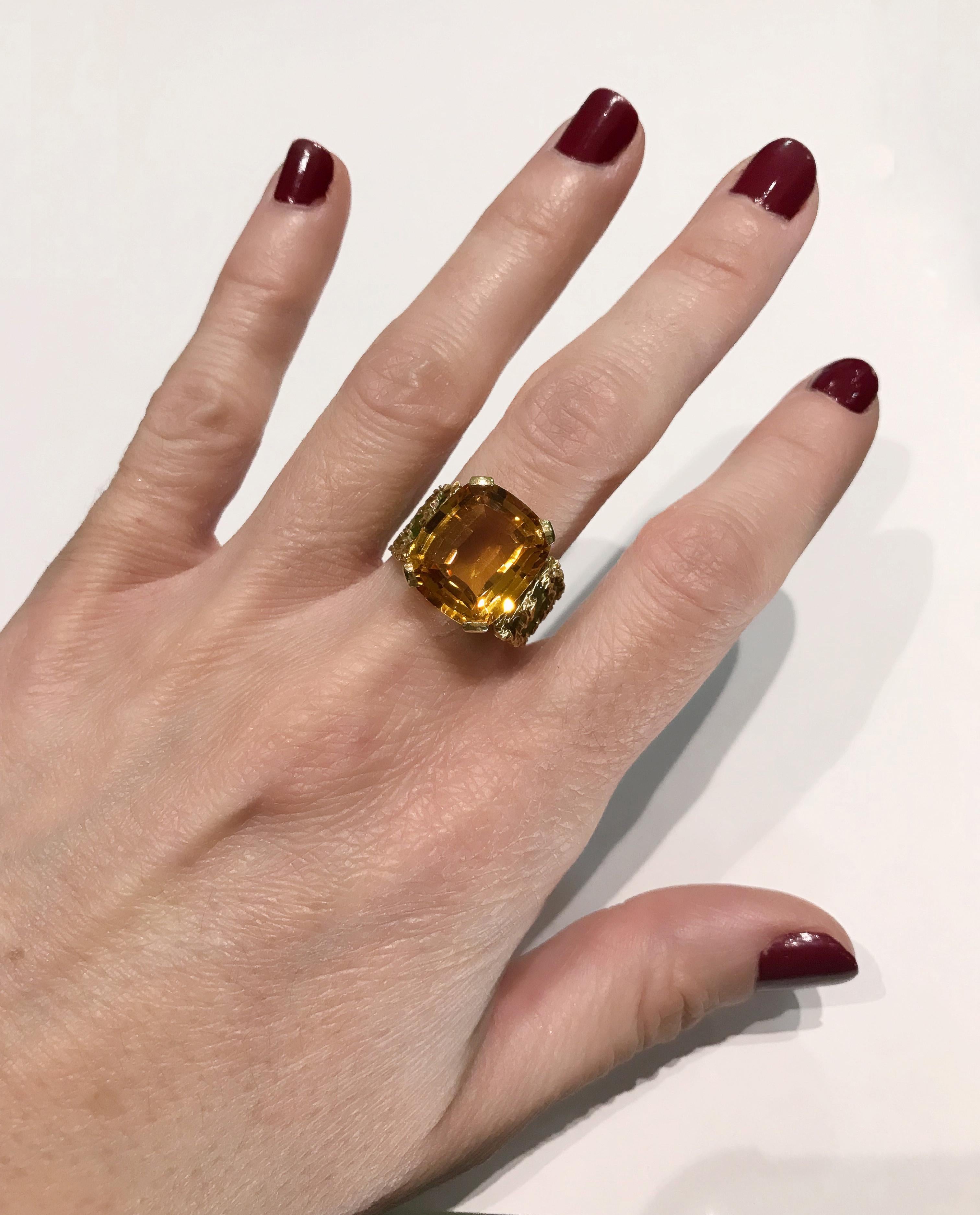 One of a Kind Yellow Topaz and Plique a Jour Enamel Yellow Gold Ring 1