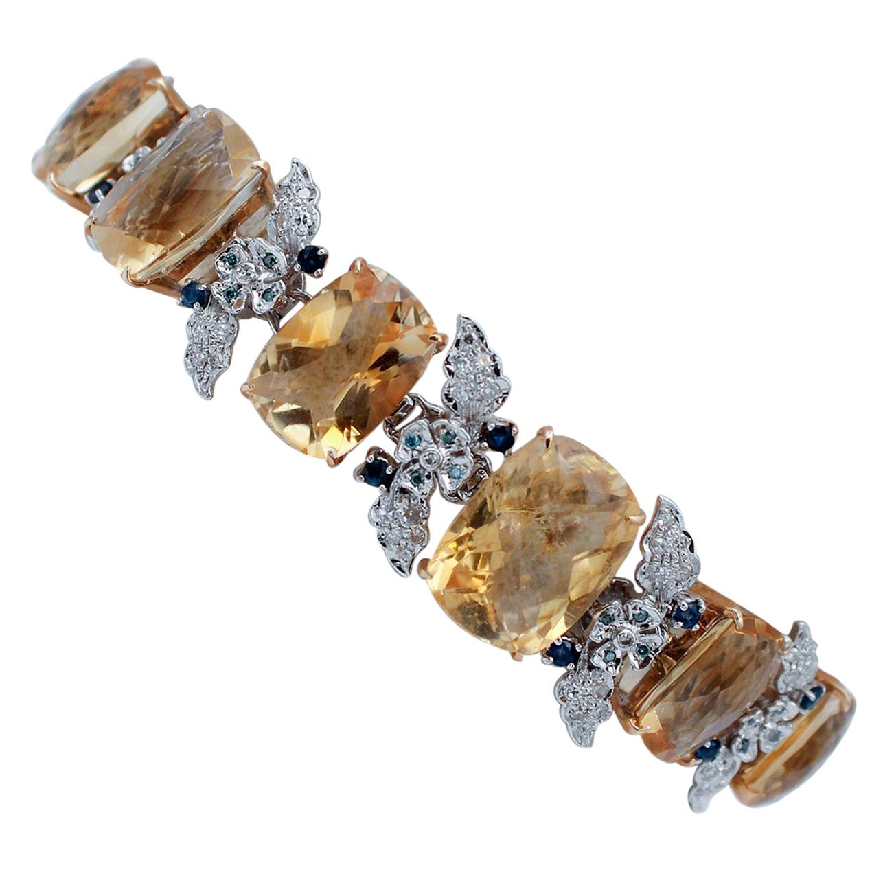 Yellow Topaz, Blue Sapphires, Diamonds, 14 Karat White Gold Bracelet For Sale