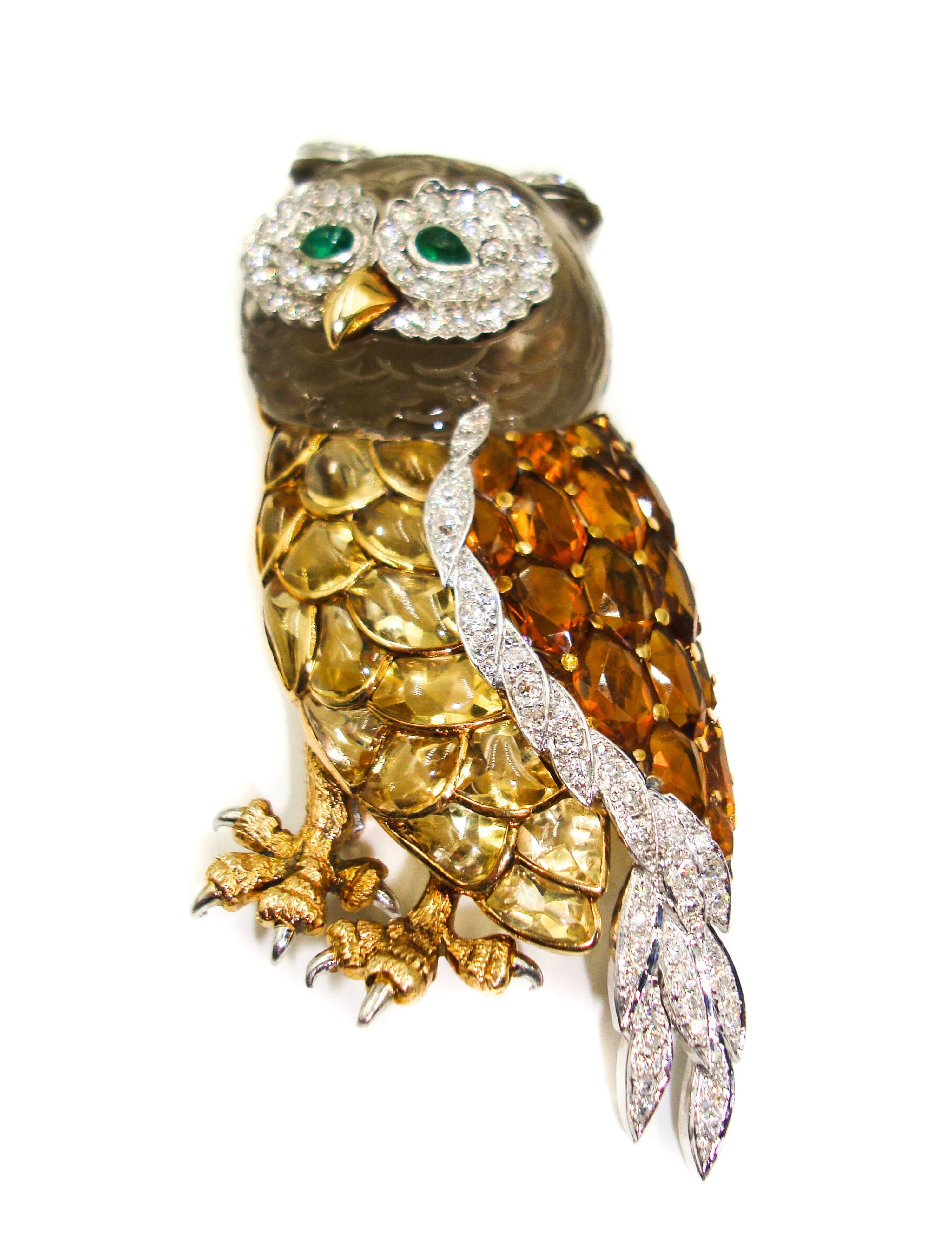 Artist Yellow Topaz Diamond Yellow Gold Owl Brooch
