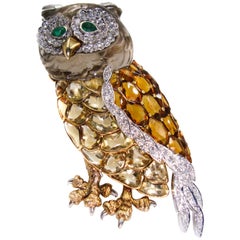 Yellow Topaz Diamond Yellow Gold Owl Brooch