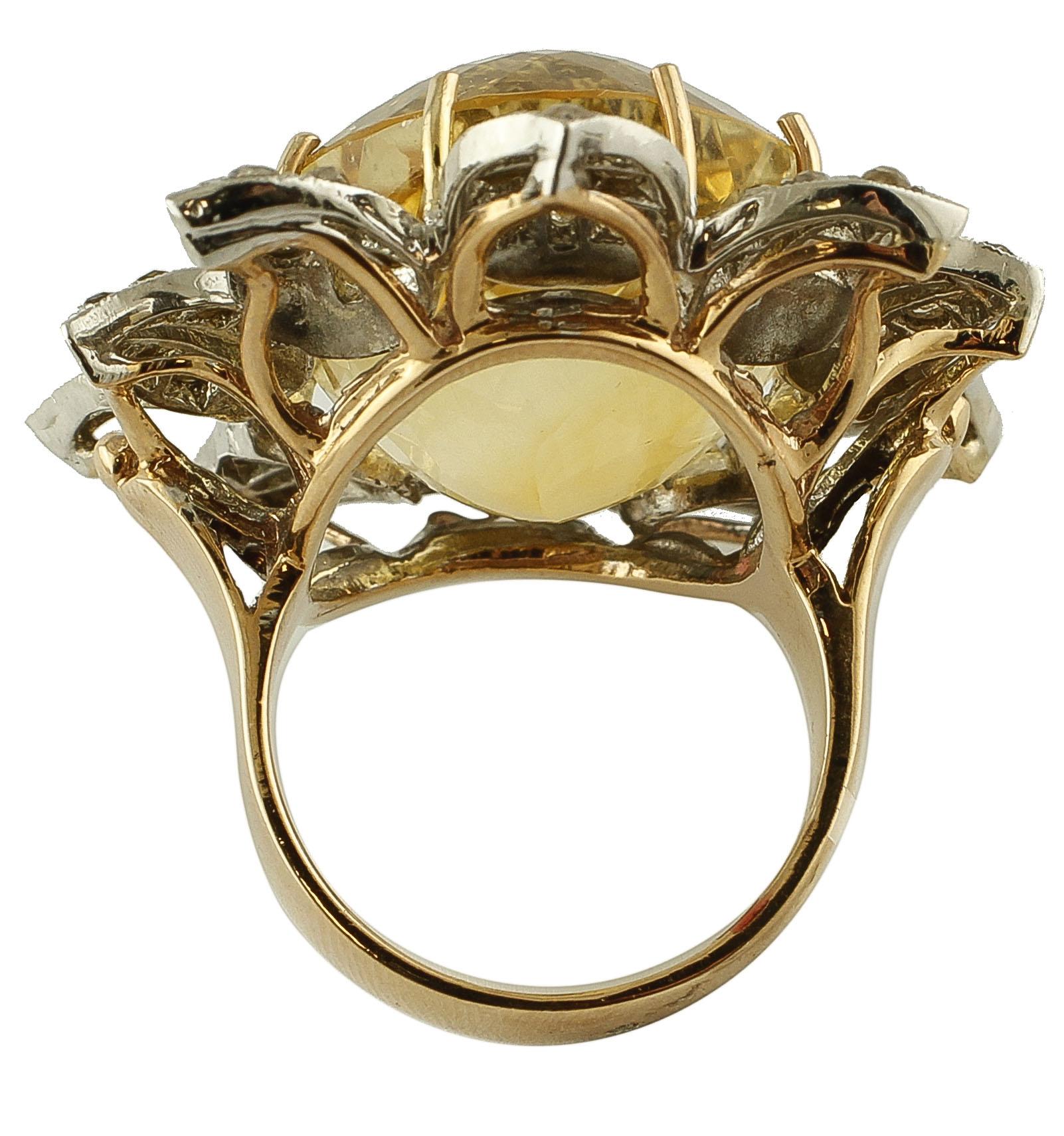 Retro Yellow Topaz, Diamonds, 9 Karat Rose Gold and Silver Flower Ring