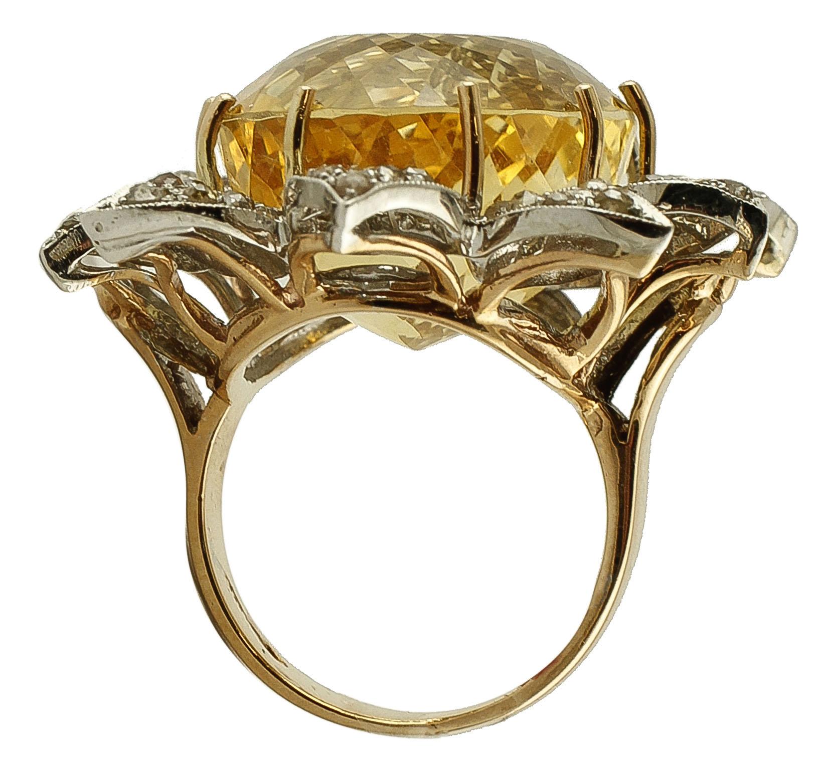 Women's Yellow Topaz, Diamonds, 9 Karat Rose Gold and Silver Flower Ring