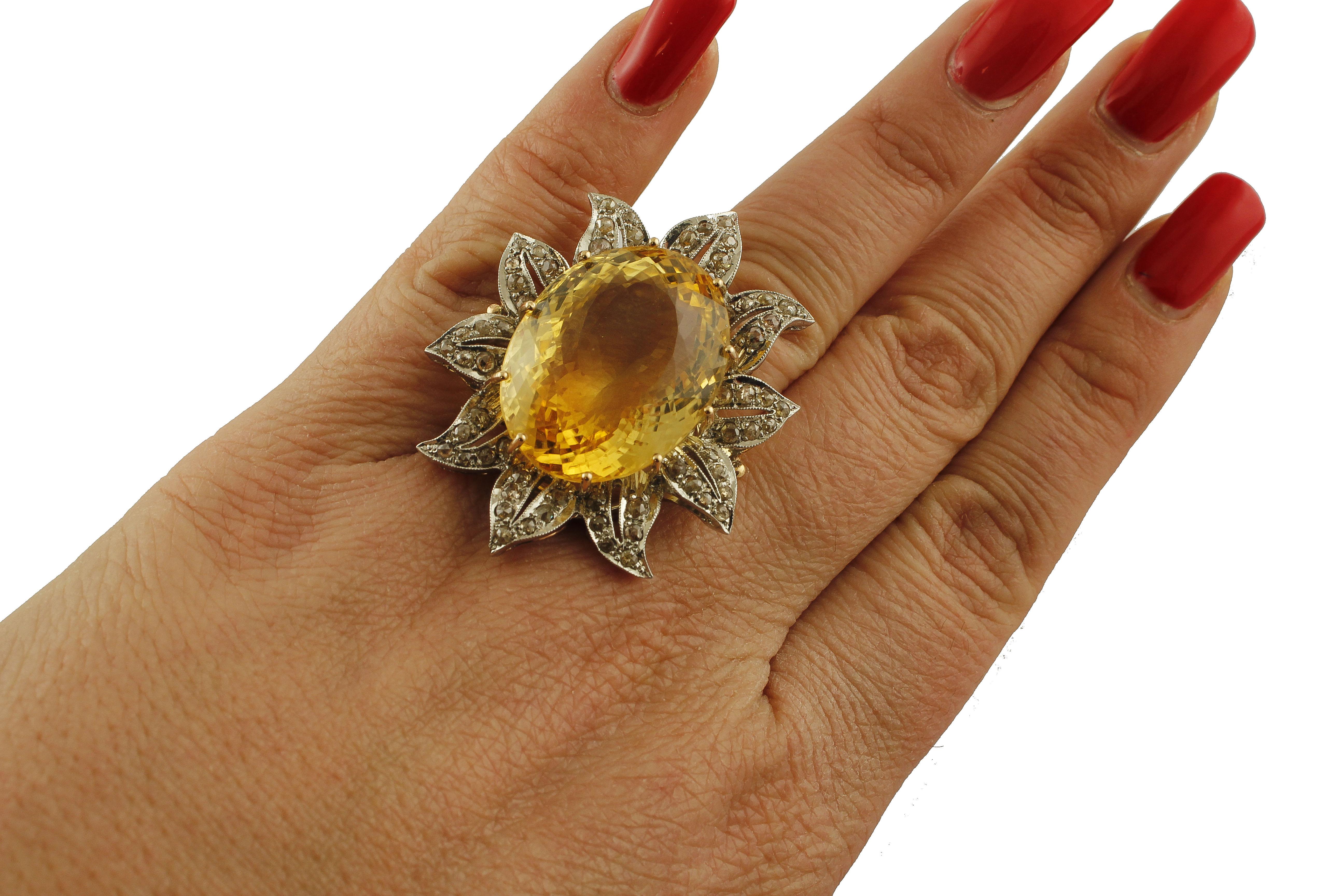 Yellow Topaz, Diamonds, 9 Karat Rose Gold and Silver Flower Ring 1