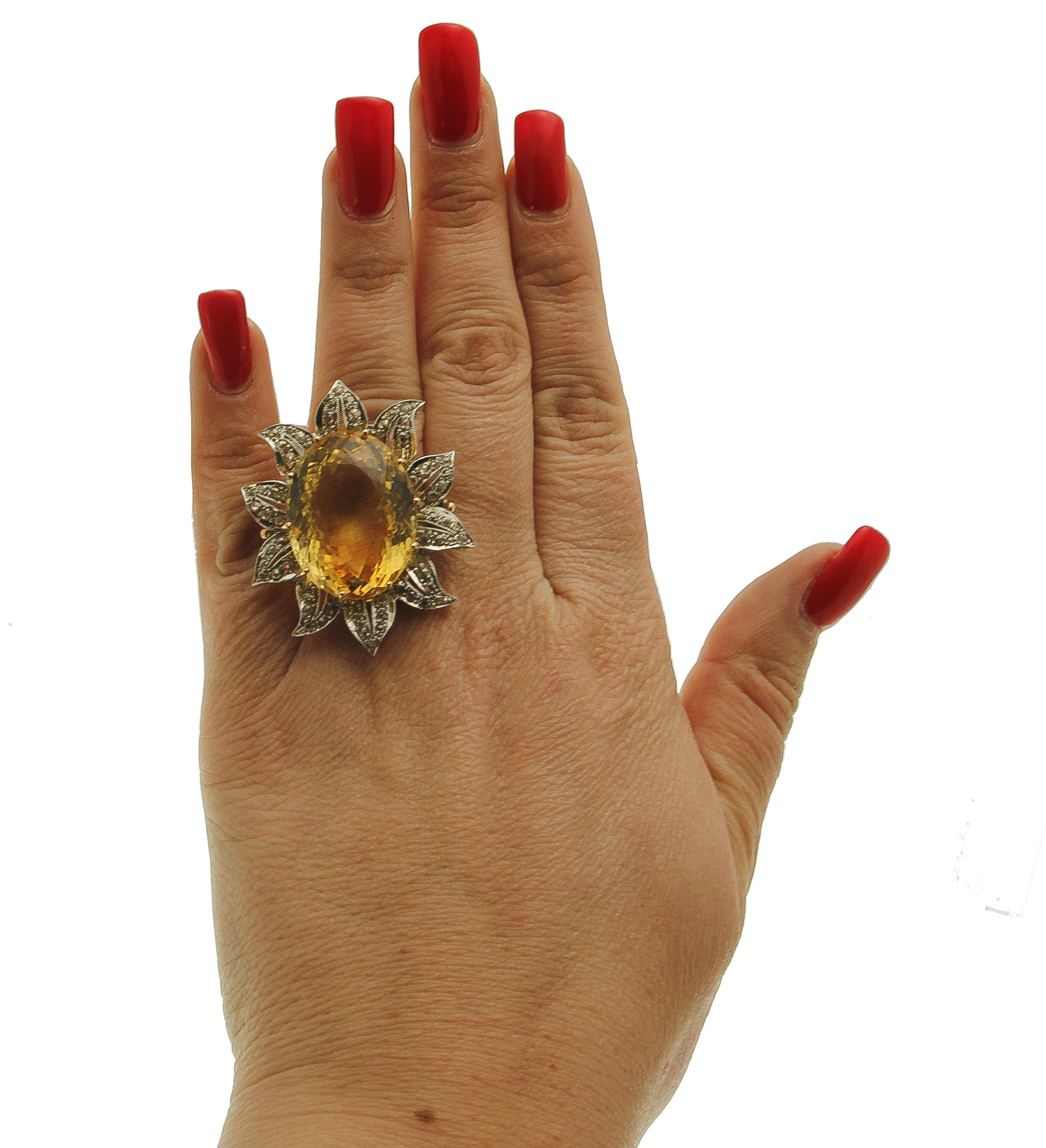 Yellow Topaz, Diamonds, 9 Karat Rose Gold and Silver Flower Ring 2