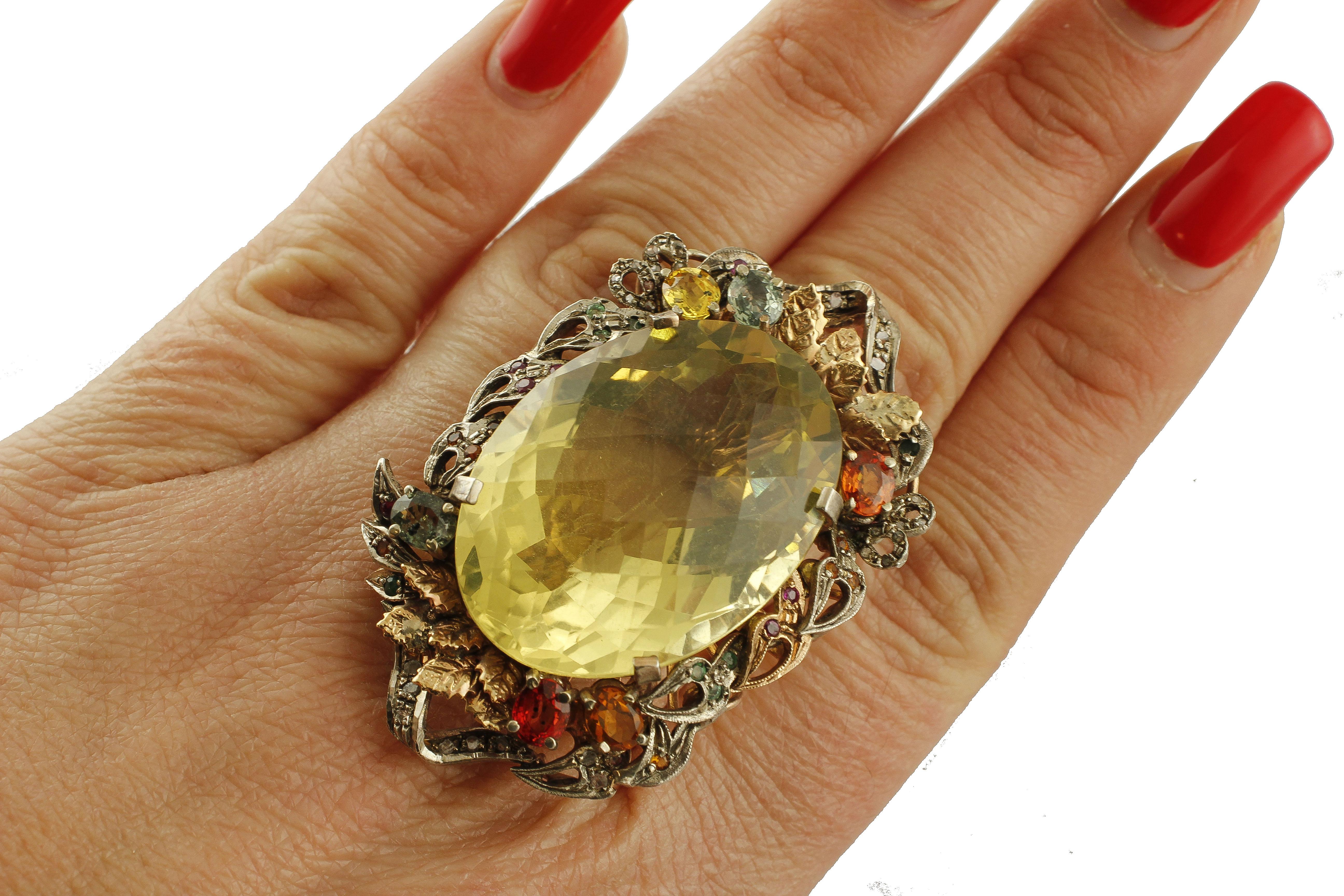 Retro Yellow Topaz, Diamonds, Emeralds, Rubies, Sapphires, 9k Rose Gold & Silver Ring