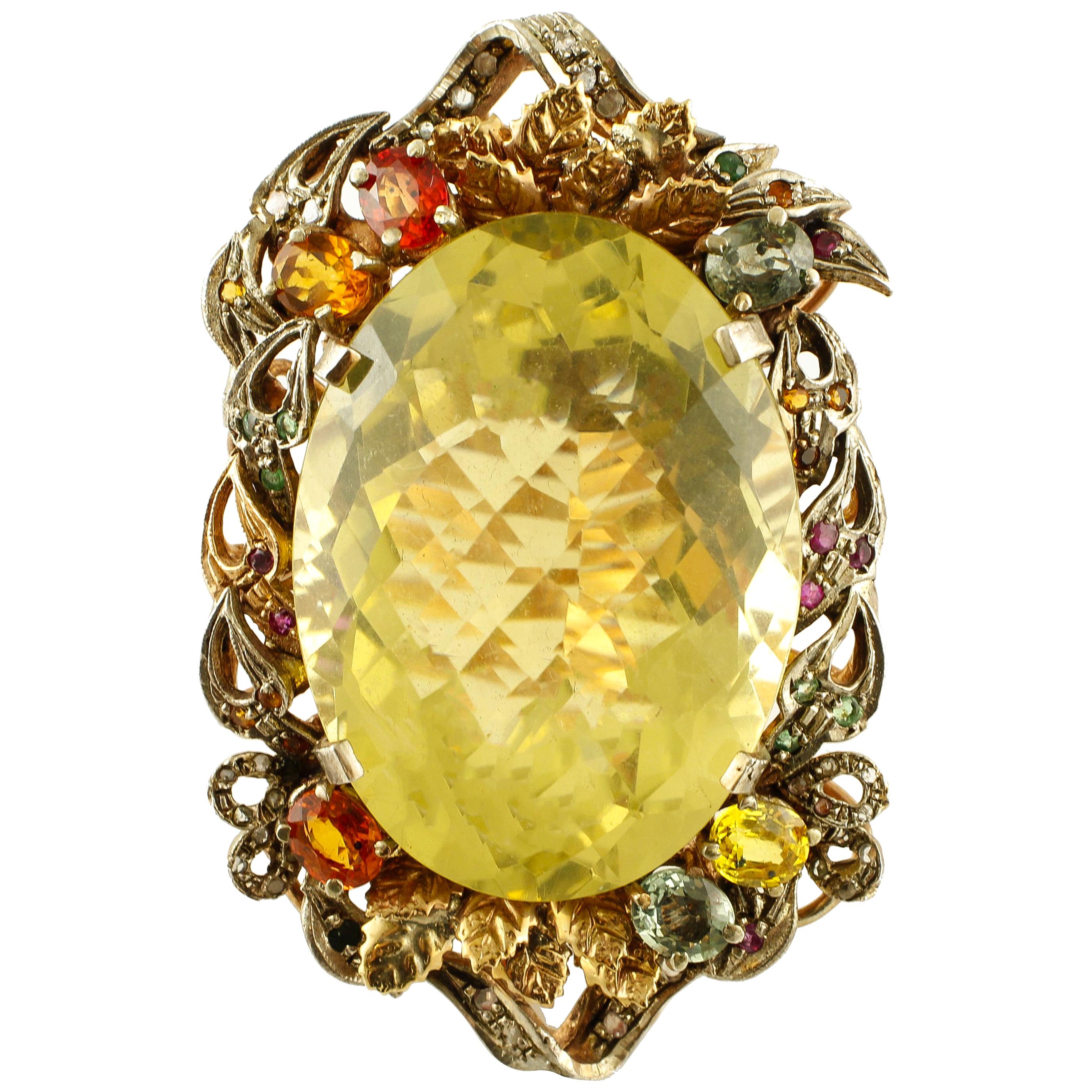Yellow Topaz, Diamonds, Emeralds, Rubies, Sapphires, 9k Rose Gold & Silver Ring