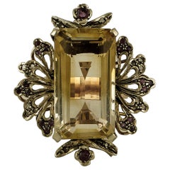 Yellow Topaz, Diamonds, Rubies, 9 Karat Rose Gold and Silver Retro Ring