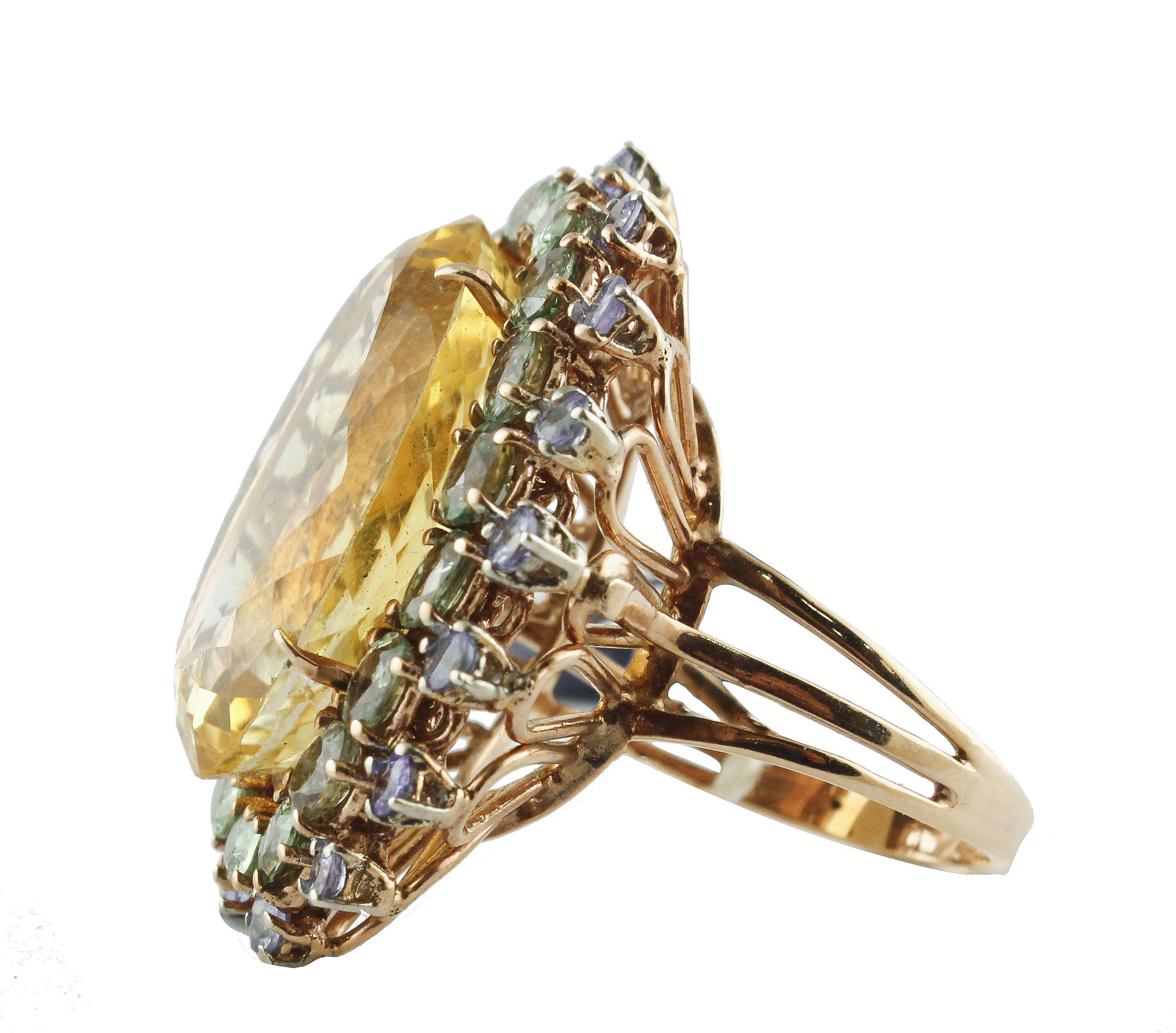 Retro Yellow Topaz Green Sapphires Tanzanites Rose Gold and Silver Fashion Ring For Sale
