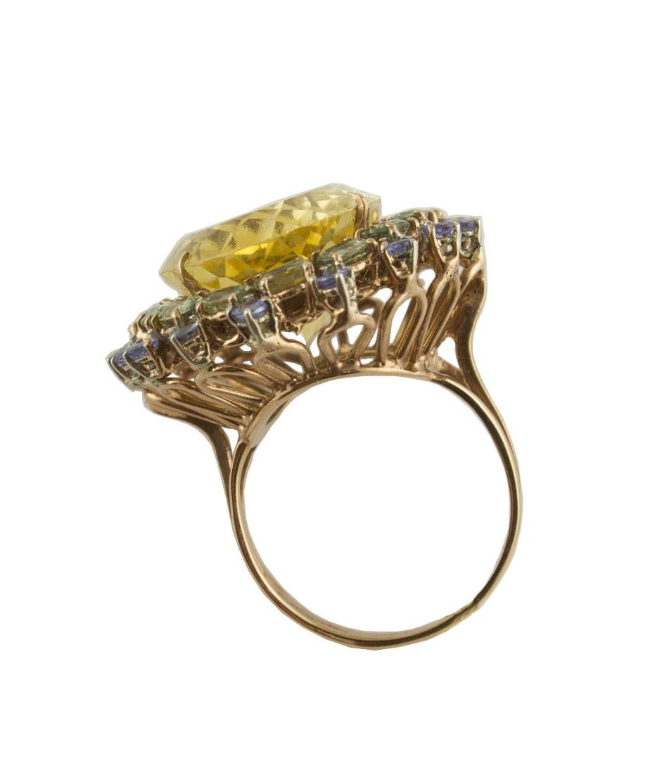 Mixed Cut Yellow Topaz Green Sapphires Tanzanites Rose Gold and Silver Fashion Ring For Sale