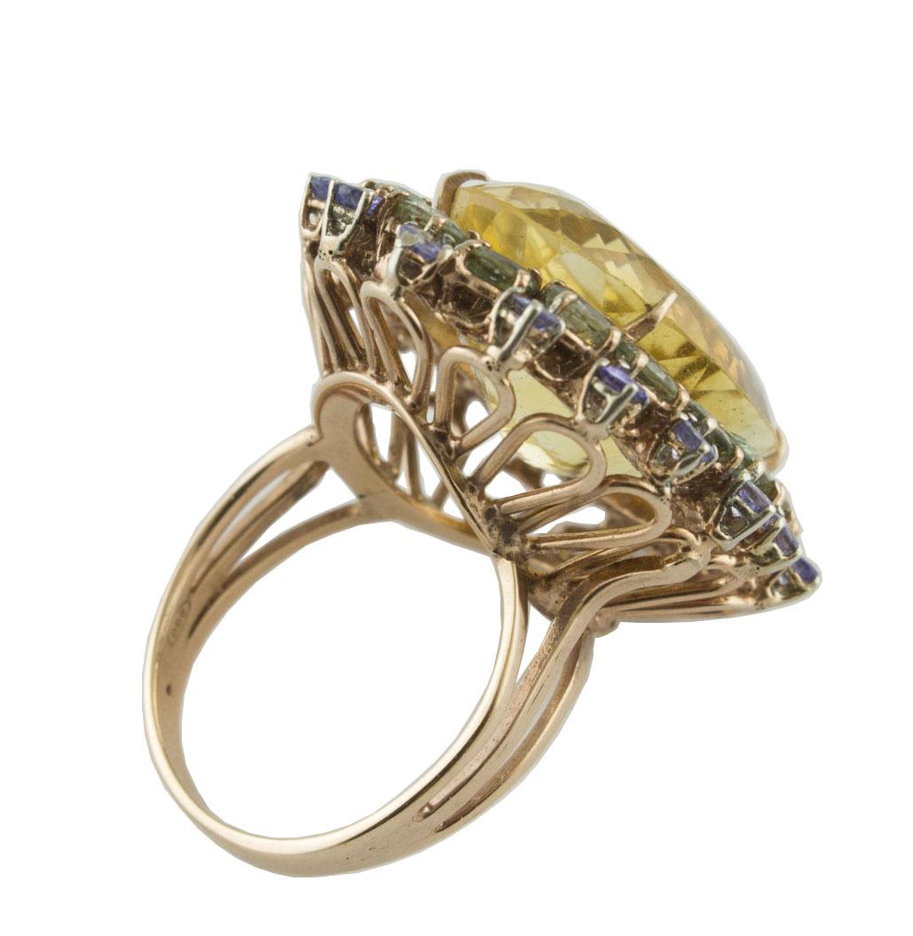 Yellow Topaz Green Sapphires Tanzanites Rose Gold and Silver Fashion Ring In Good Condition For Sale In Marcianise, Marcianise (CE)