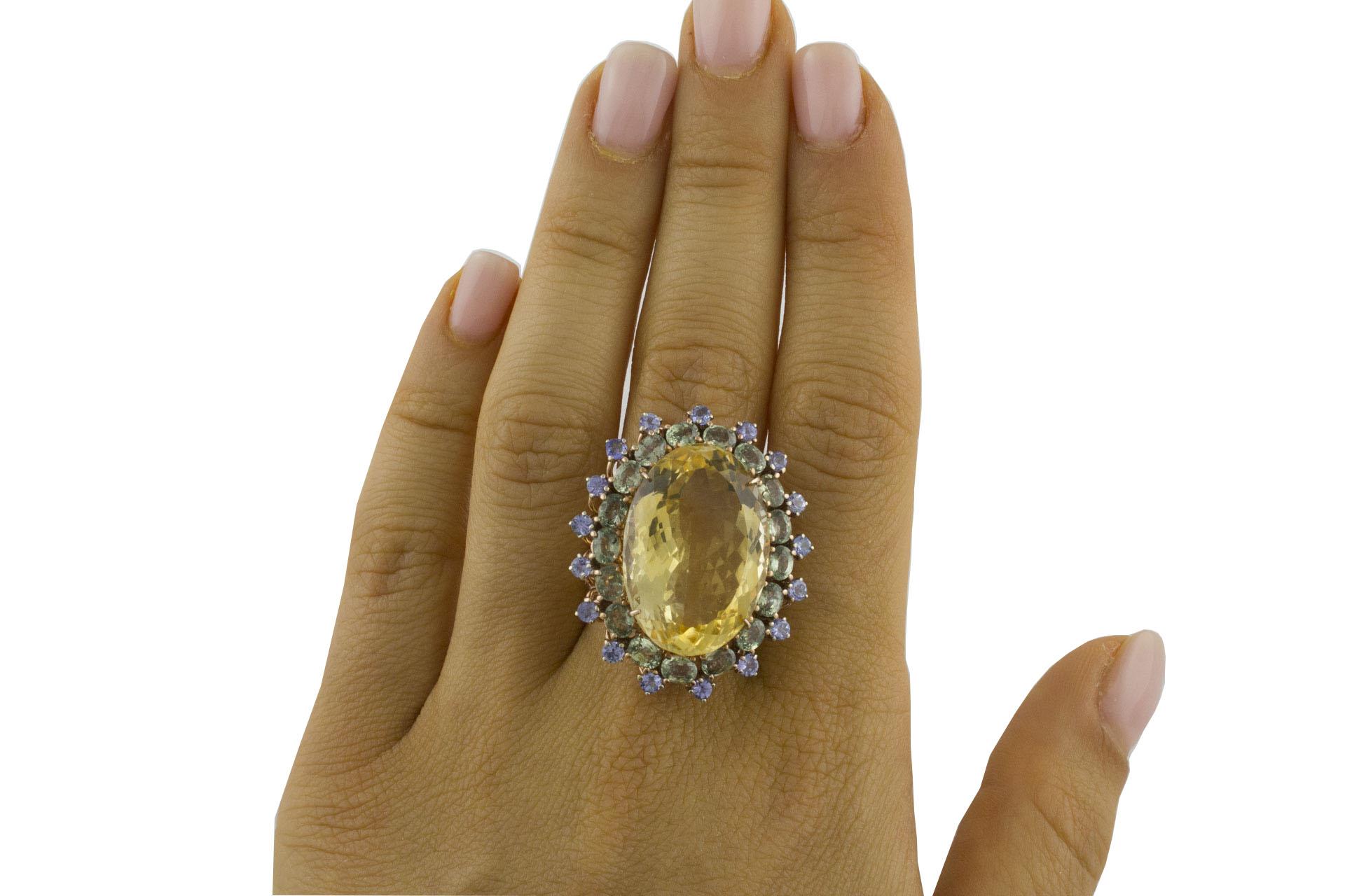 Women's Yellow Topaz Green Sapphires Tanzanites Rose Gold and Silver Fashion Ring For Sale