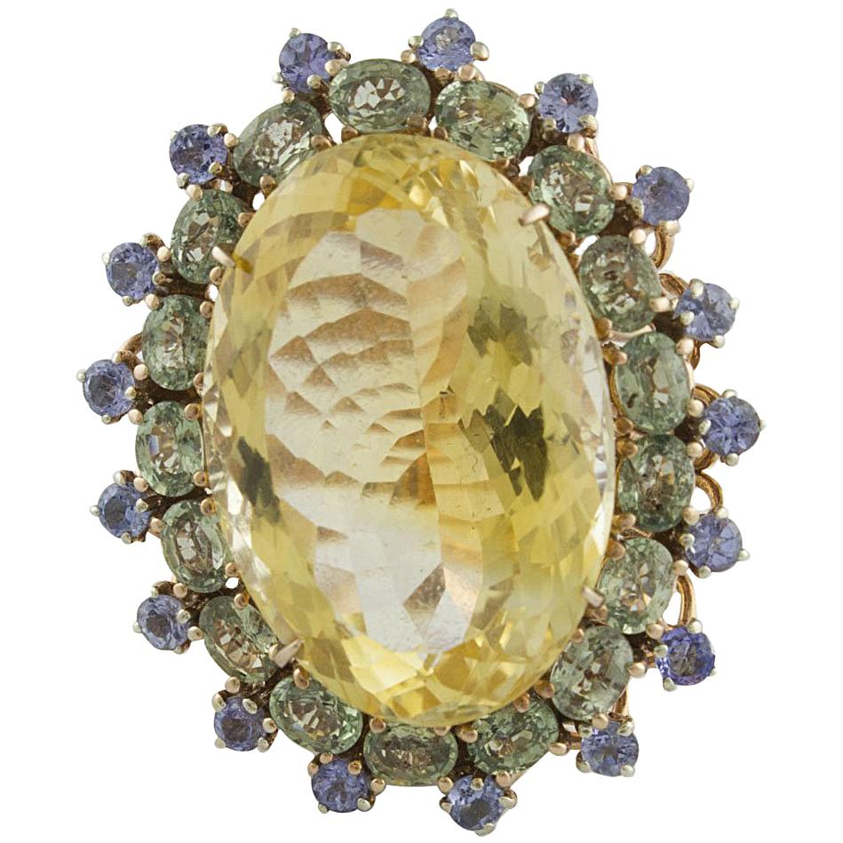 Yellow Topaz Green Sapphires Tanzanites Rose Gold and Silver Fashion Ring For Sale