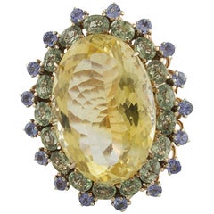 Vintage Yellow Topaz Green Sapphires Tanzanites Rose Gold and Silver Fashion Ring