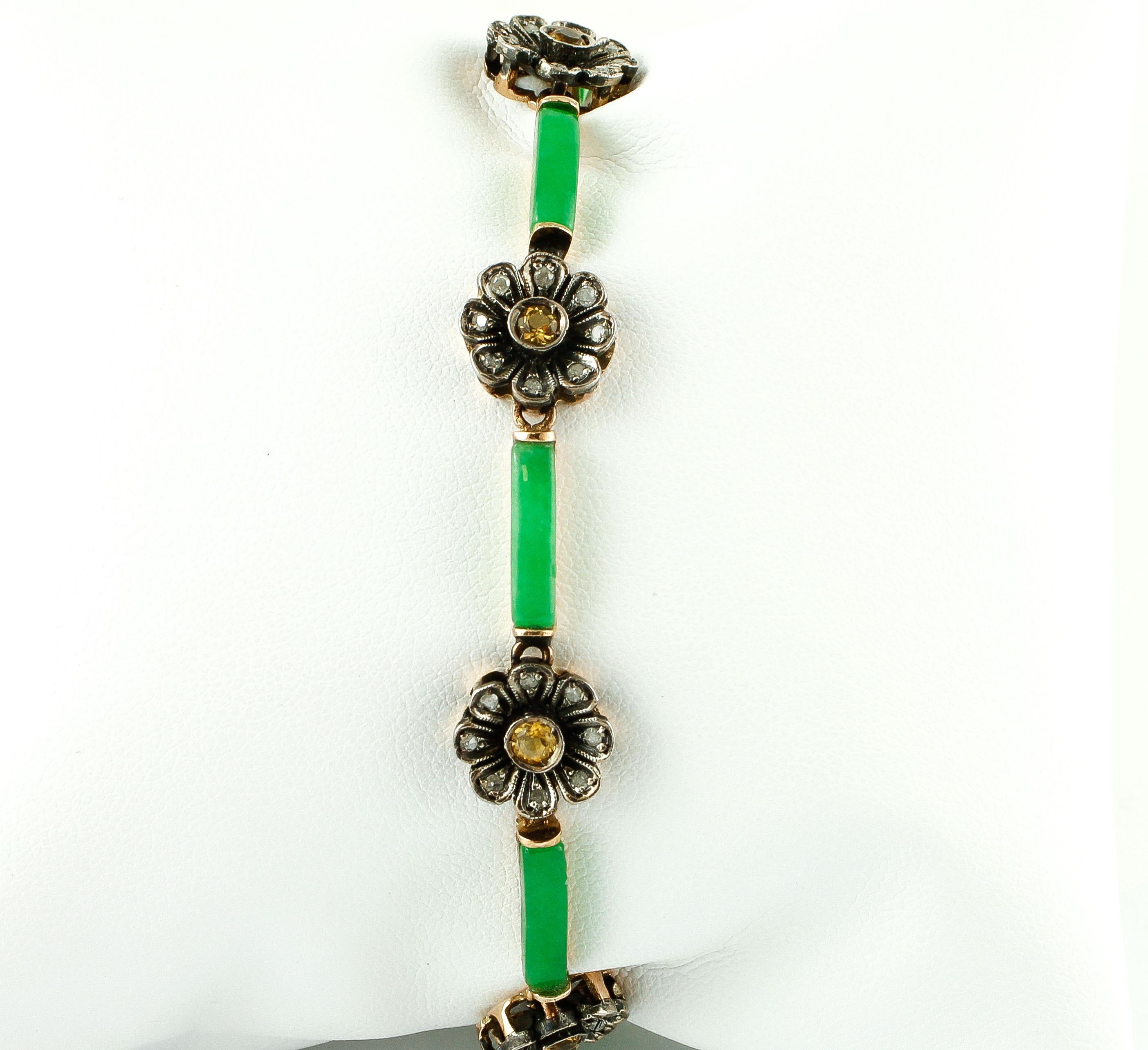 Retro-Armband aus 9 Karat Gold und Silber mit gelbem Topas, malaysischer Jade, Diamanten (Gemischter Schliff) im Angebot