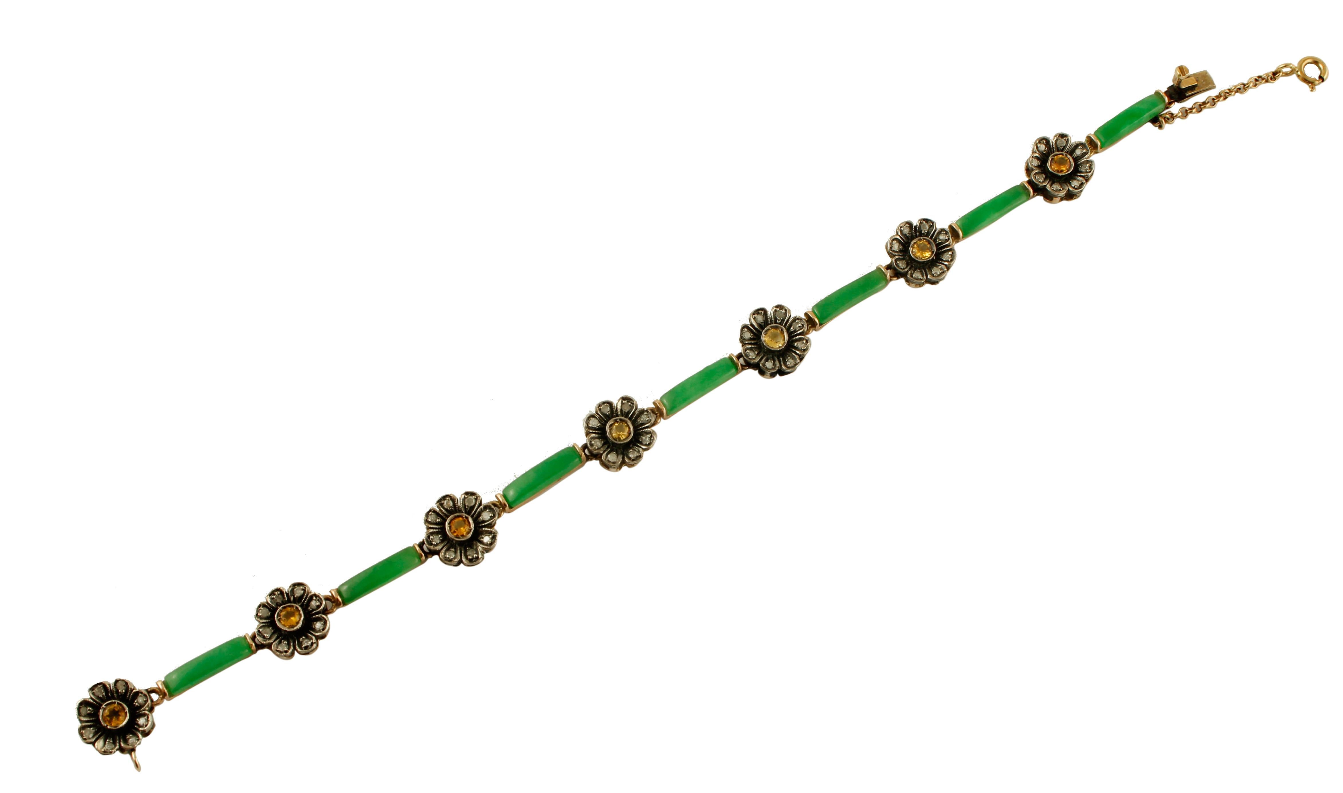 Yellow Topaz, Malaysian Jade, Diamonds, 9 Karat Gold and Silver Retro Bracelet In Excellent Condition For Sale In Marcianise, Marcianise (CE)