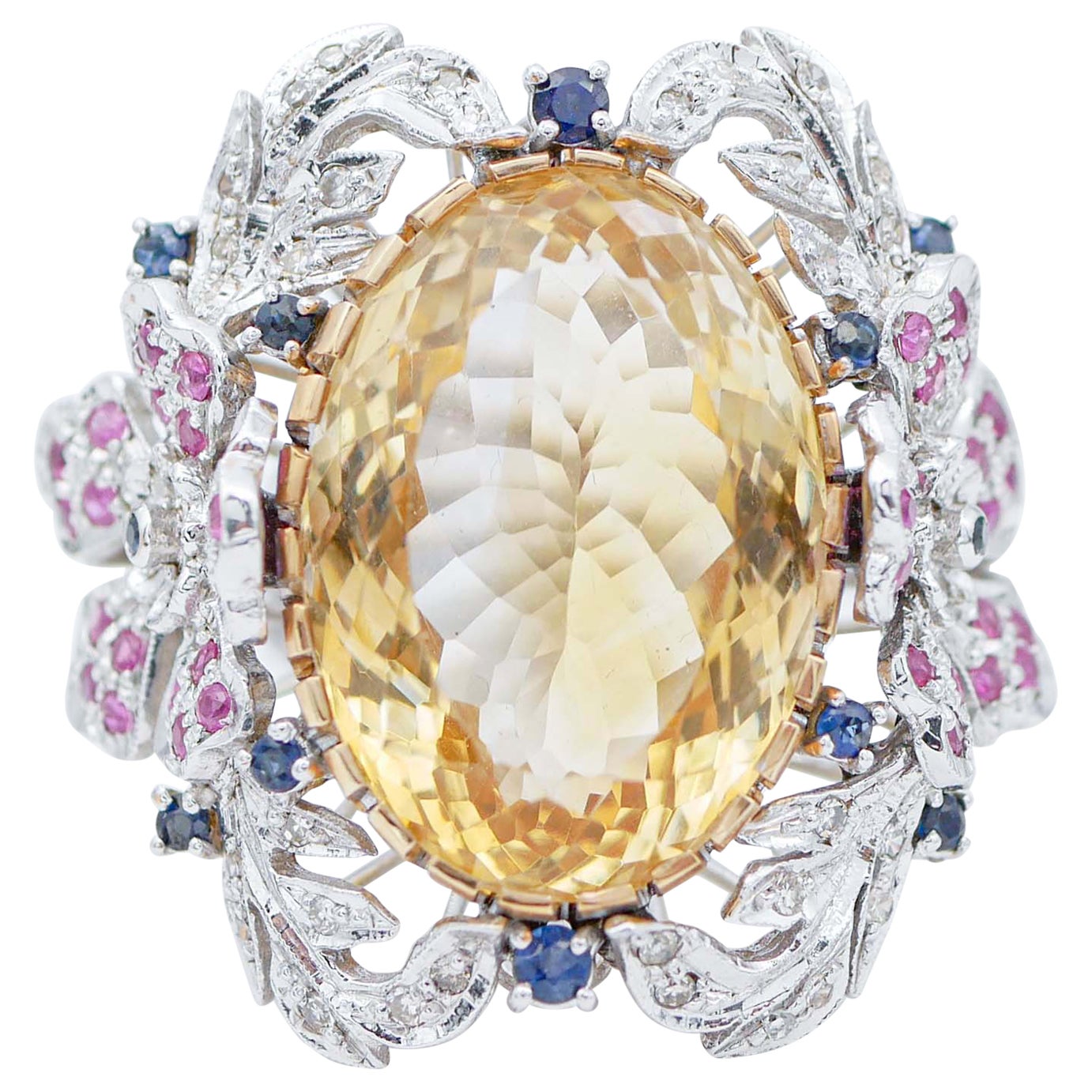 Gelbtopas, Rubine, Saphire, Diamanten, 14 Karat Weißgold Retrò Ring