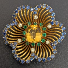 Yellow Topaz Sapphire Emerald Diamond 14K Yellow Gold Pendant Brooch