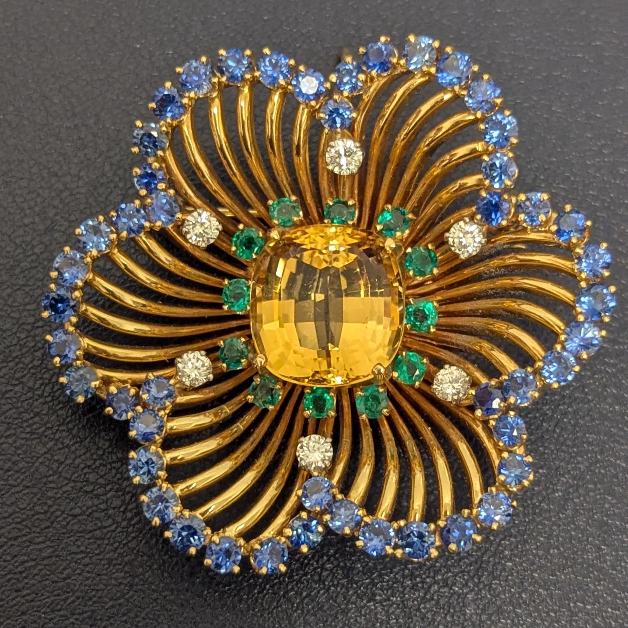 Cushion Cut Yellow Topaz Sapphire Emerald Diamond 14K Yellow Gold Pendant Brooch For Sale