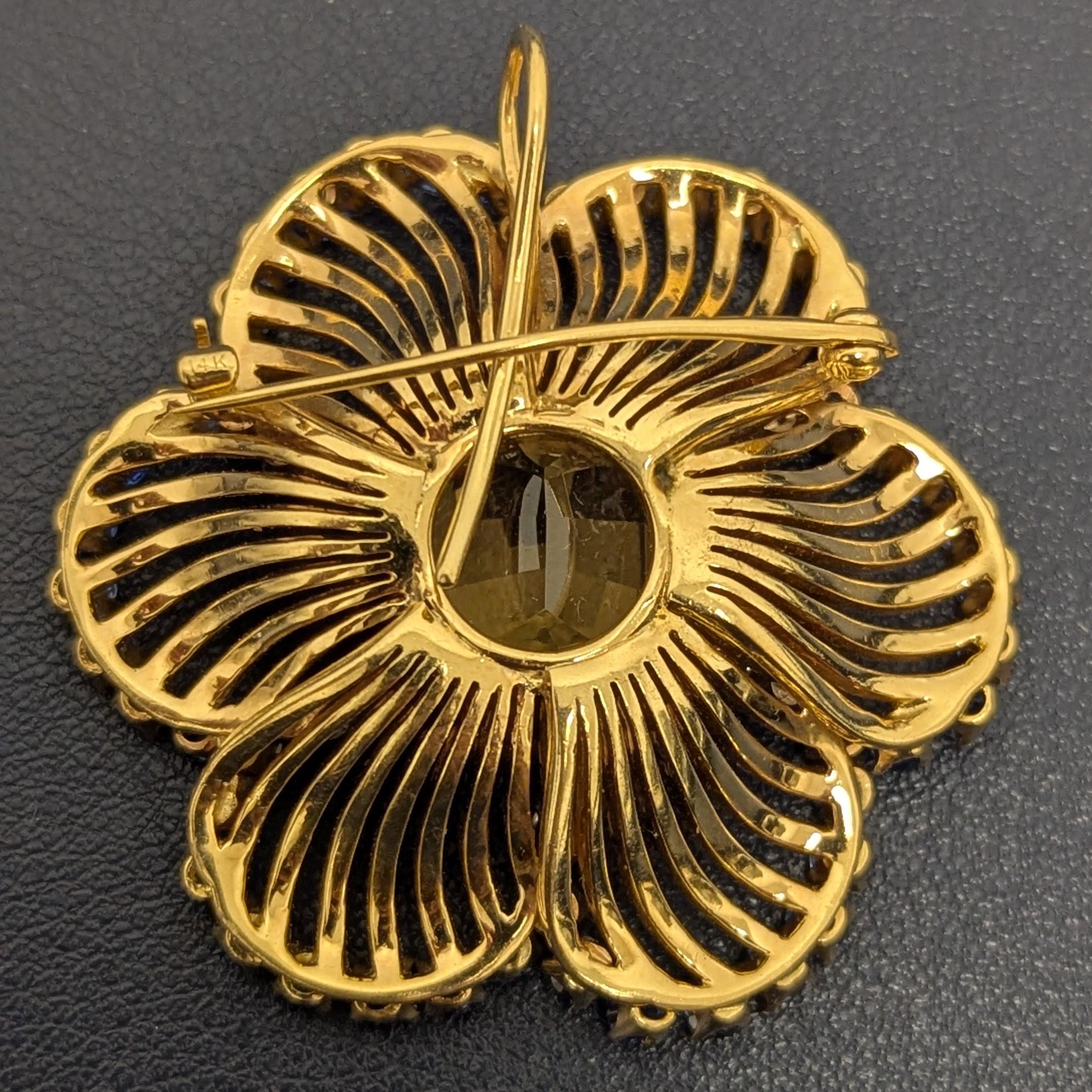 Yellow Topaz Sapphire Emerald Diamond 14K Yellow Gold Pendant Brooch In Excellent Condition For Sale In New York, NY