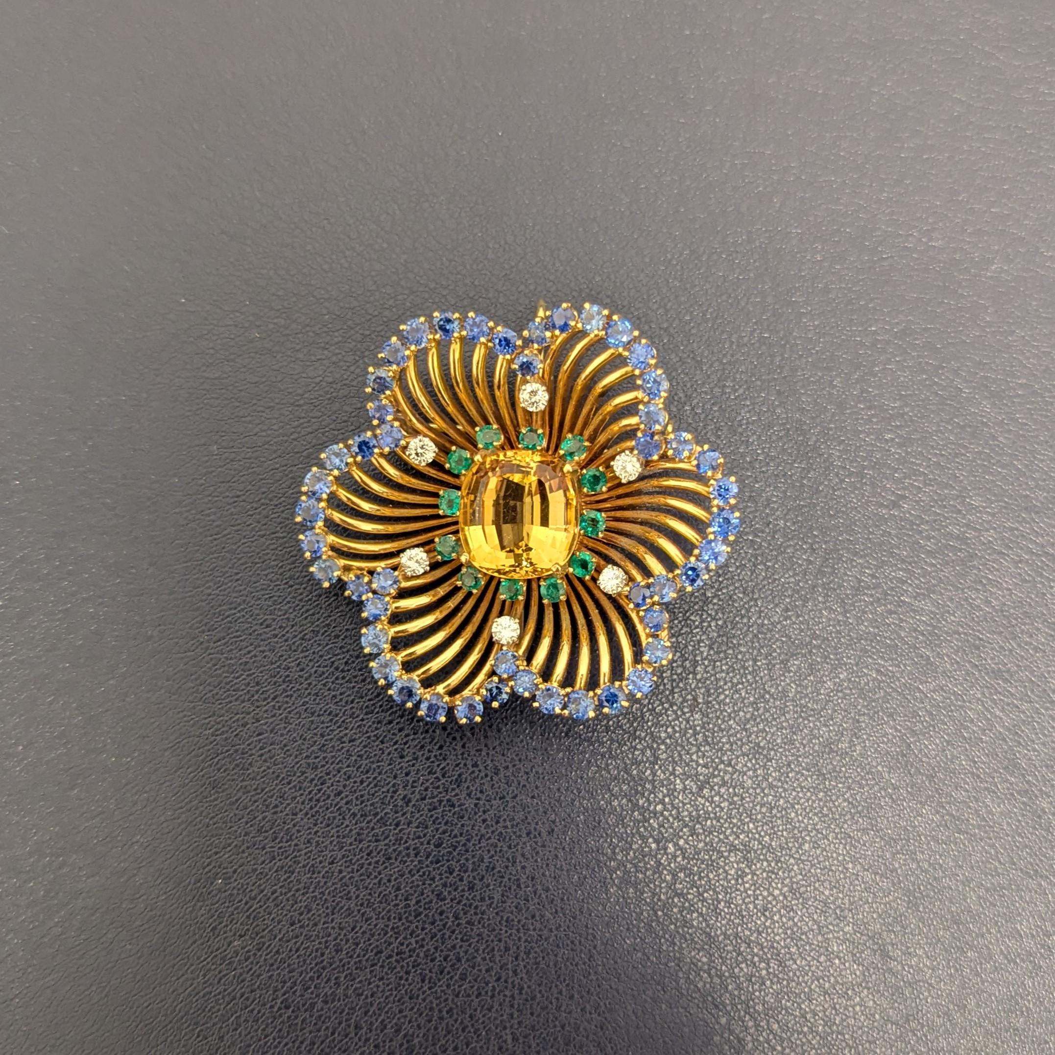 Women's Yellow Topaz Sapphire Emerald Diamond 14K Yellow Gold Pendant Brooch For Sale