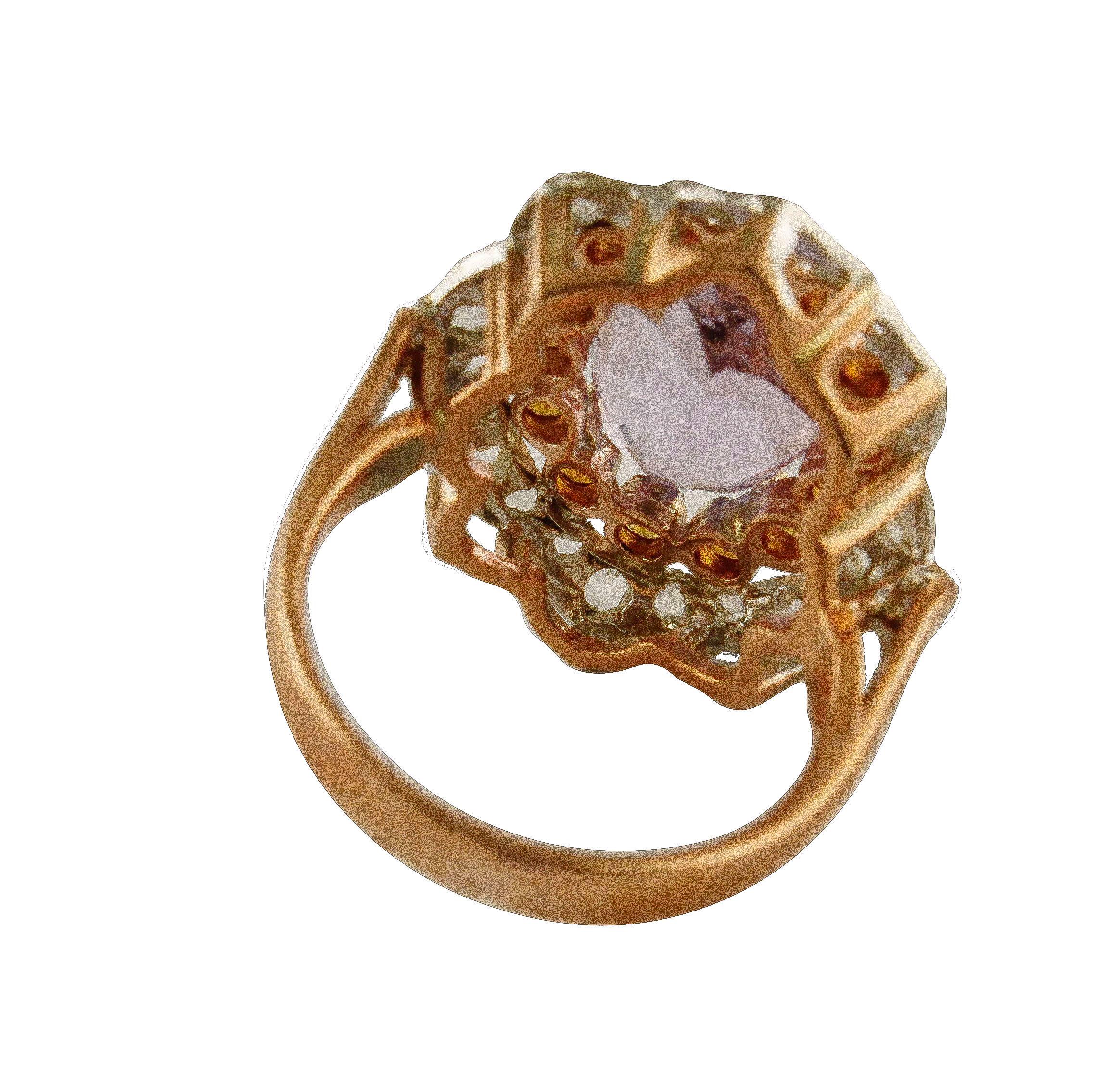 Retro Yellow Topazes Diamonds Amethyst Rose Gold and Silver Ring