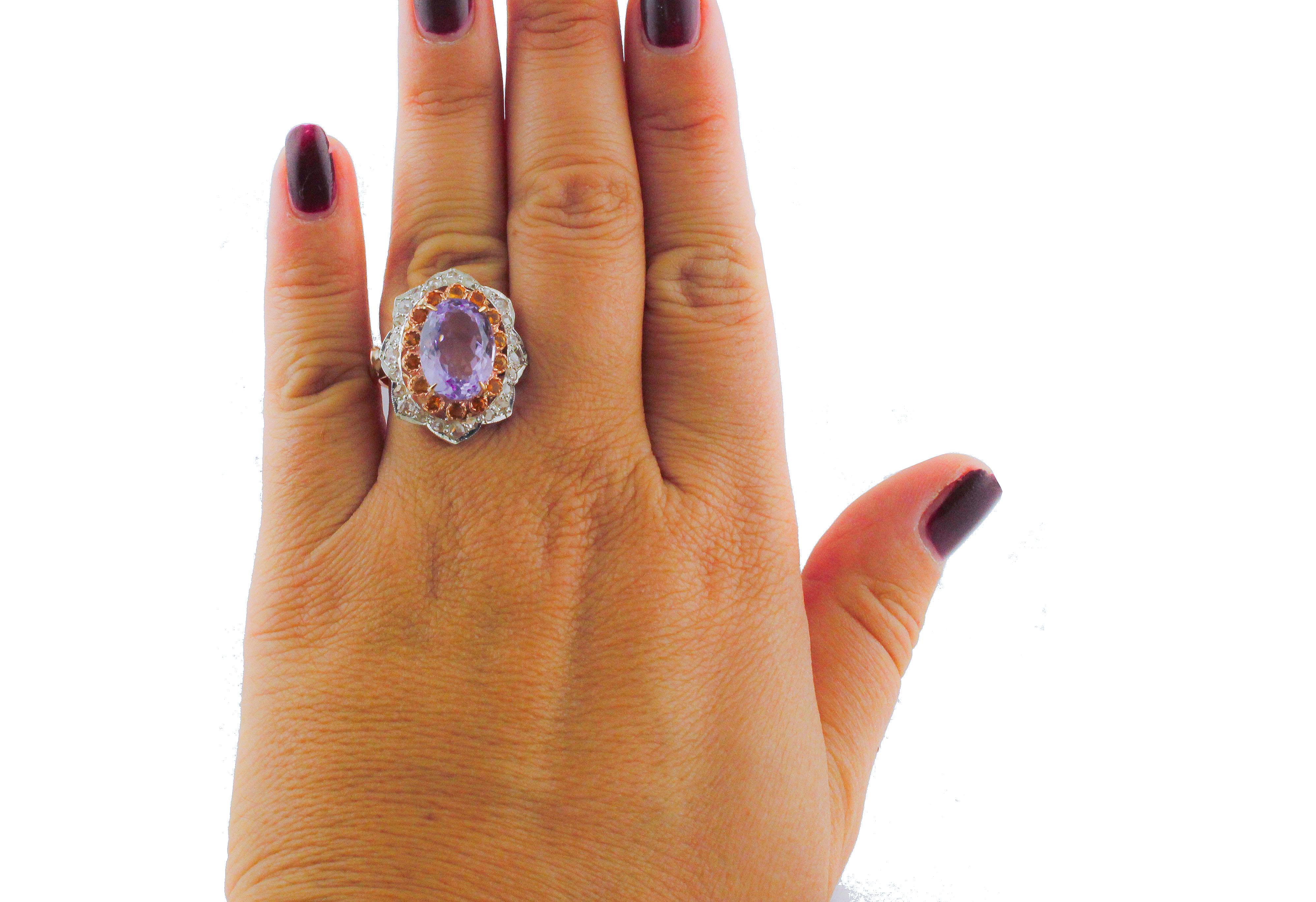 Yellow Topazes Diamonds Amethyst Rose Gold and Silver Ring In Good Condition In Marcianise, Marcianise (CE)