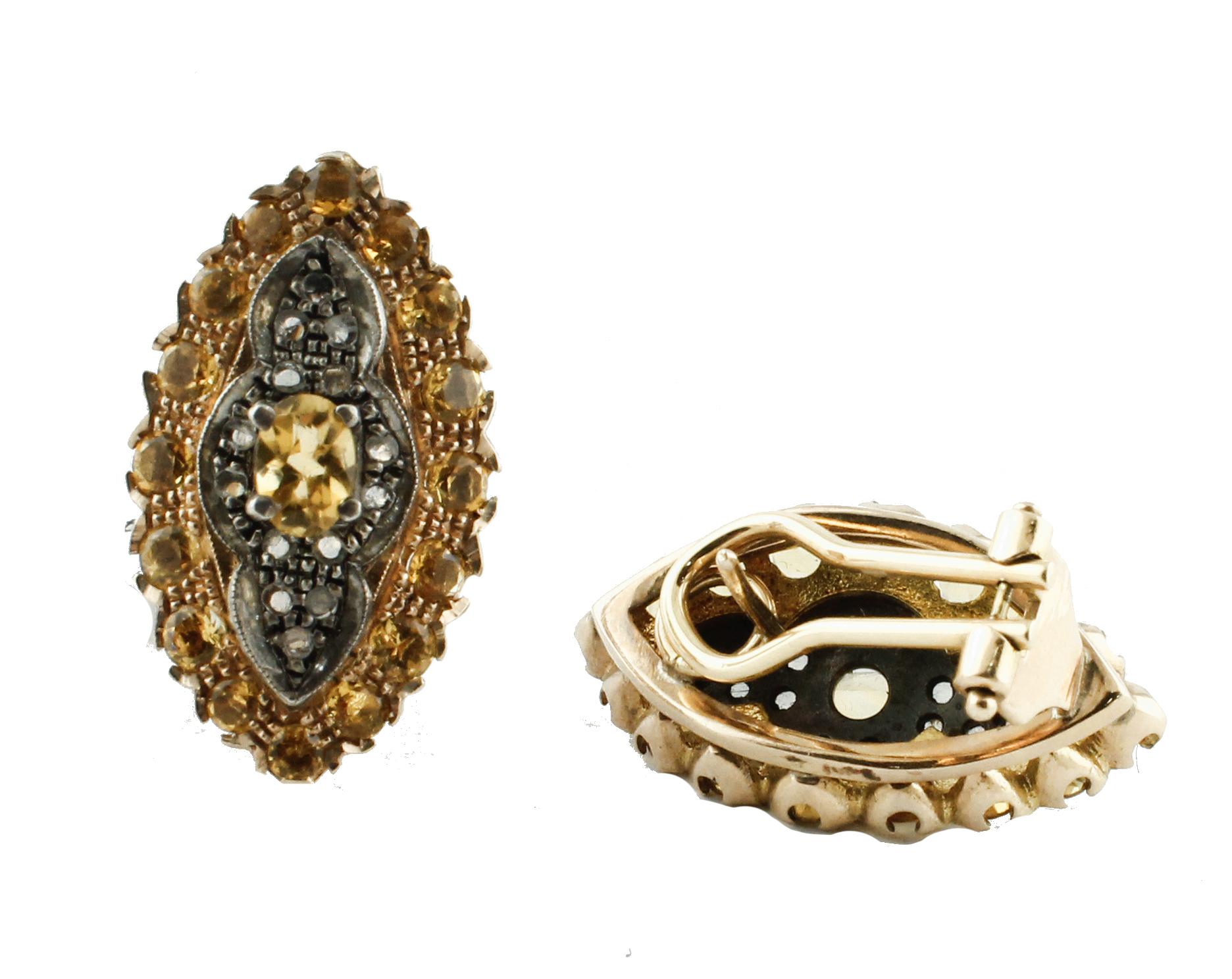 Ohrringe aus Silber und Roségold mit gelben Topas und Diamanten (Gemischter Schliff) im Angebot