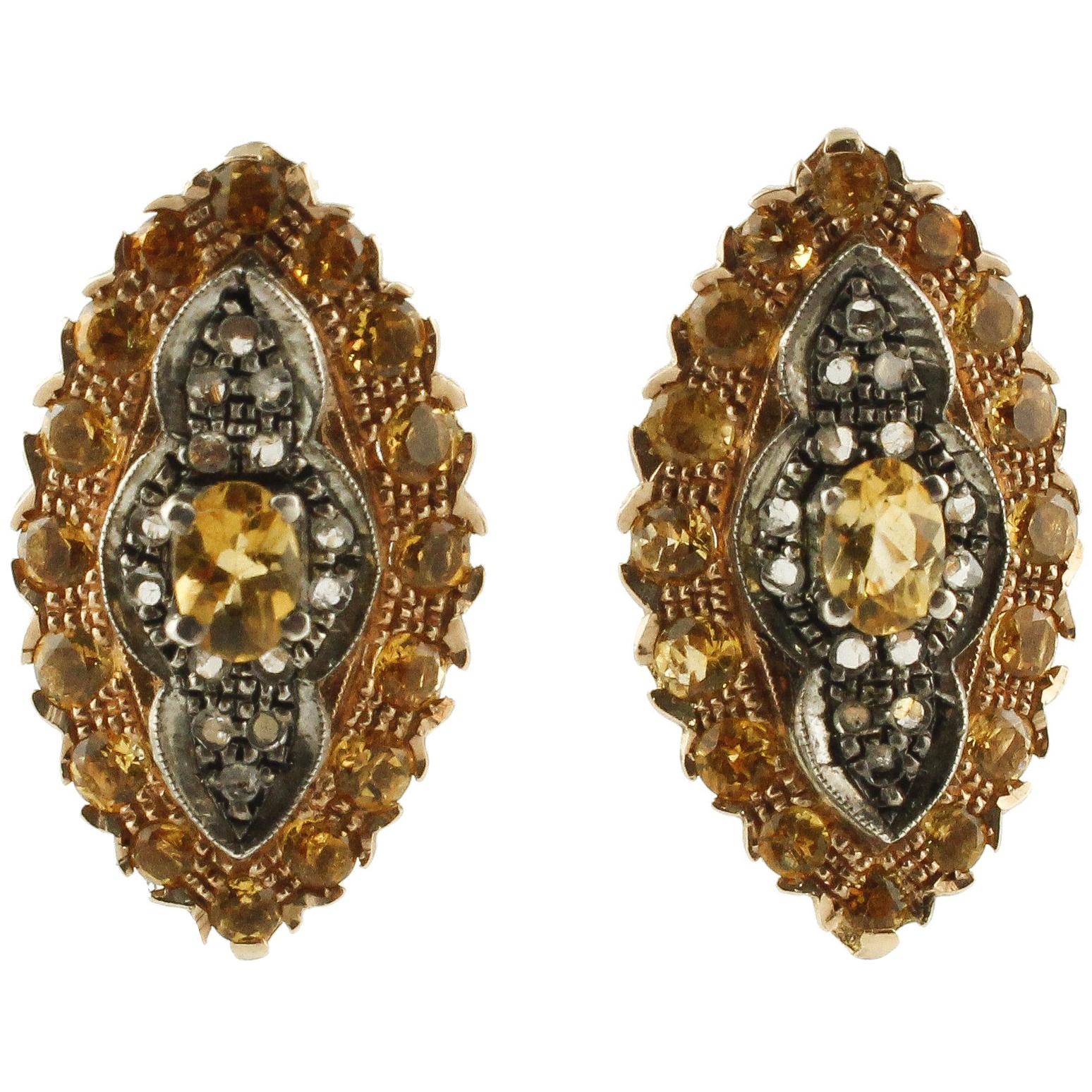 Yellow Topazes Diamonds Silver and Rose Gold Earrings For Sale