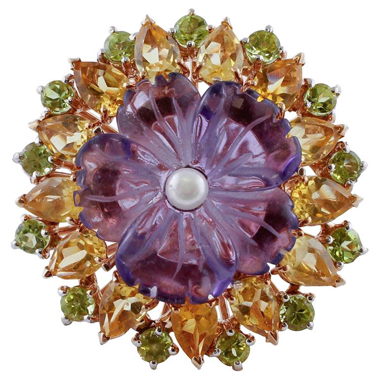 Yellow Topazes Peridots Hydro, Amethyst, Pearl 9 Karat Rose Gold and Silver Ring