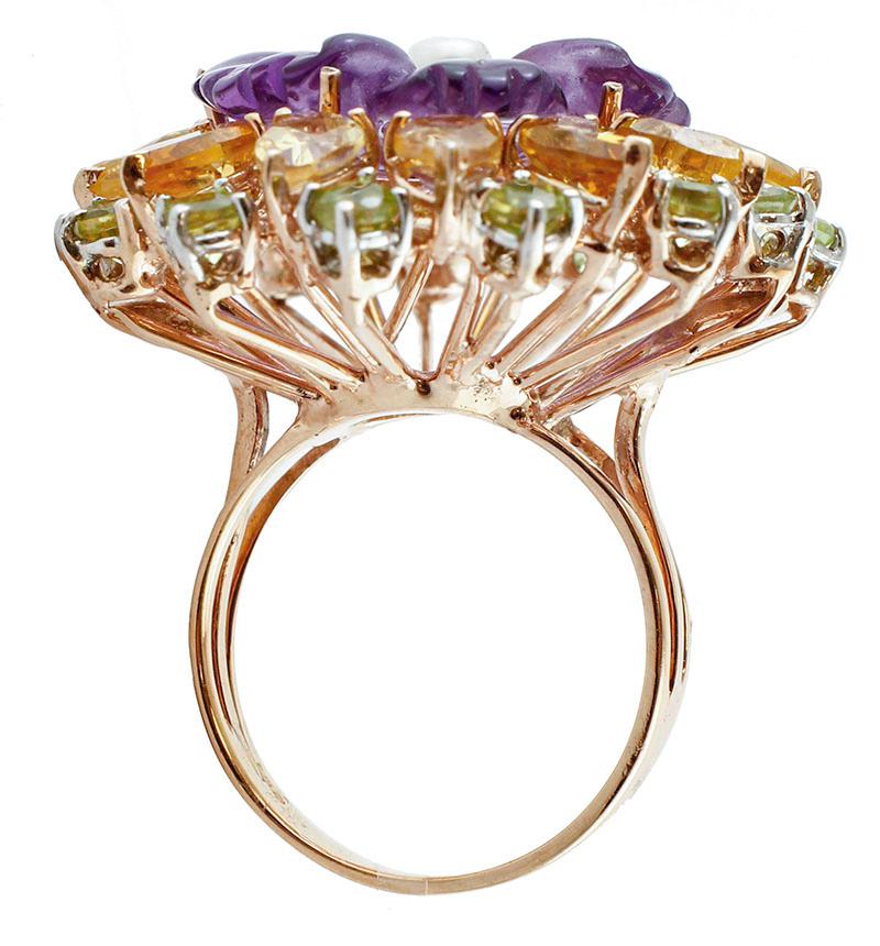 Yellow Topazes Peridots Hydro, Amethyst, Pearl 9 Karat Rose Gold and Silver Ring In Good Condition In Marcianise, Marcianise (CE)
