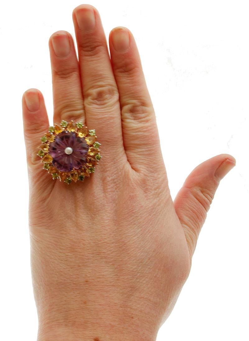 Women's Yellow Topazes Peridots Hydro, Amethyst, Pearl 9 Karat Rose Gold and Silver Ring