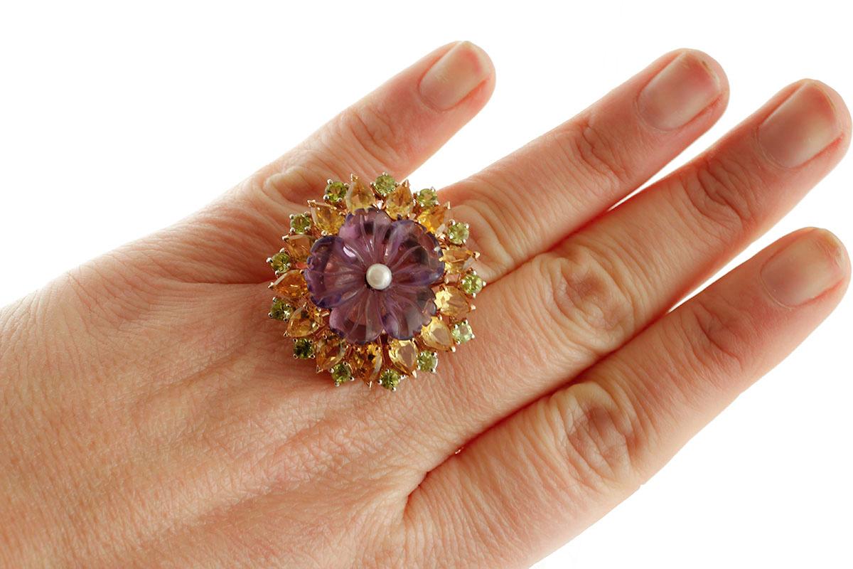 Yellow Topazes Peridots Hydro, Amethyst, Pearl 9 Karat Rose Gold and Silver Ring 1